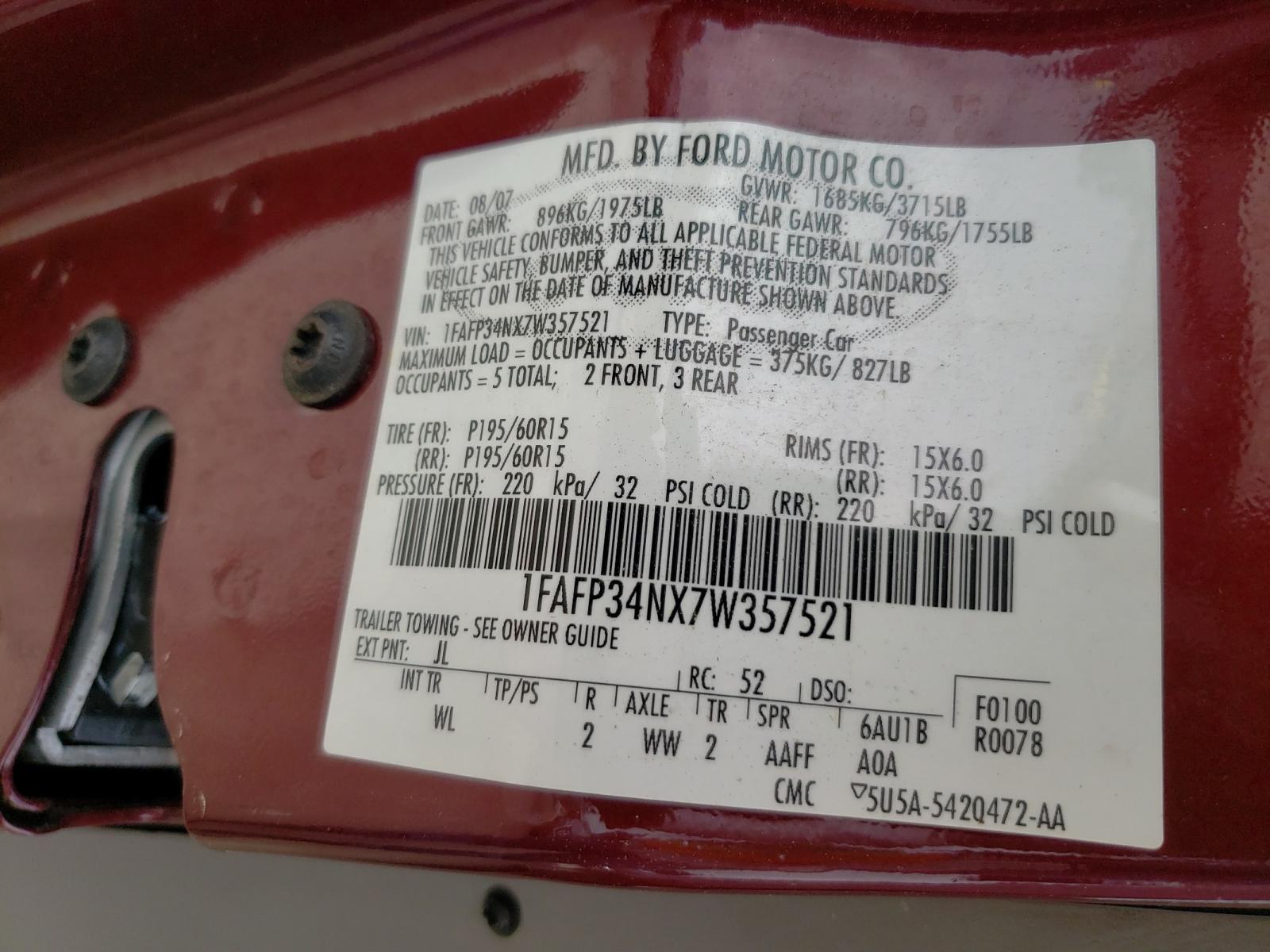 Photo 10 from auction – 2007 FORD FOCUS ZX4 with VIN 1FAFP34NX7W357521