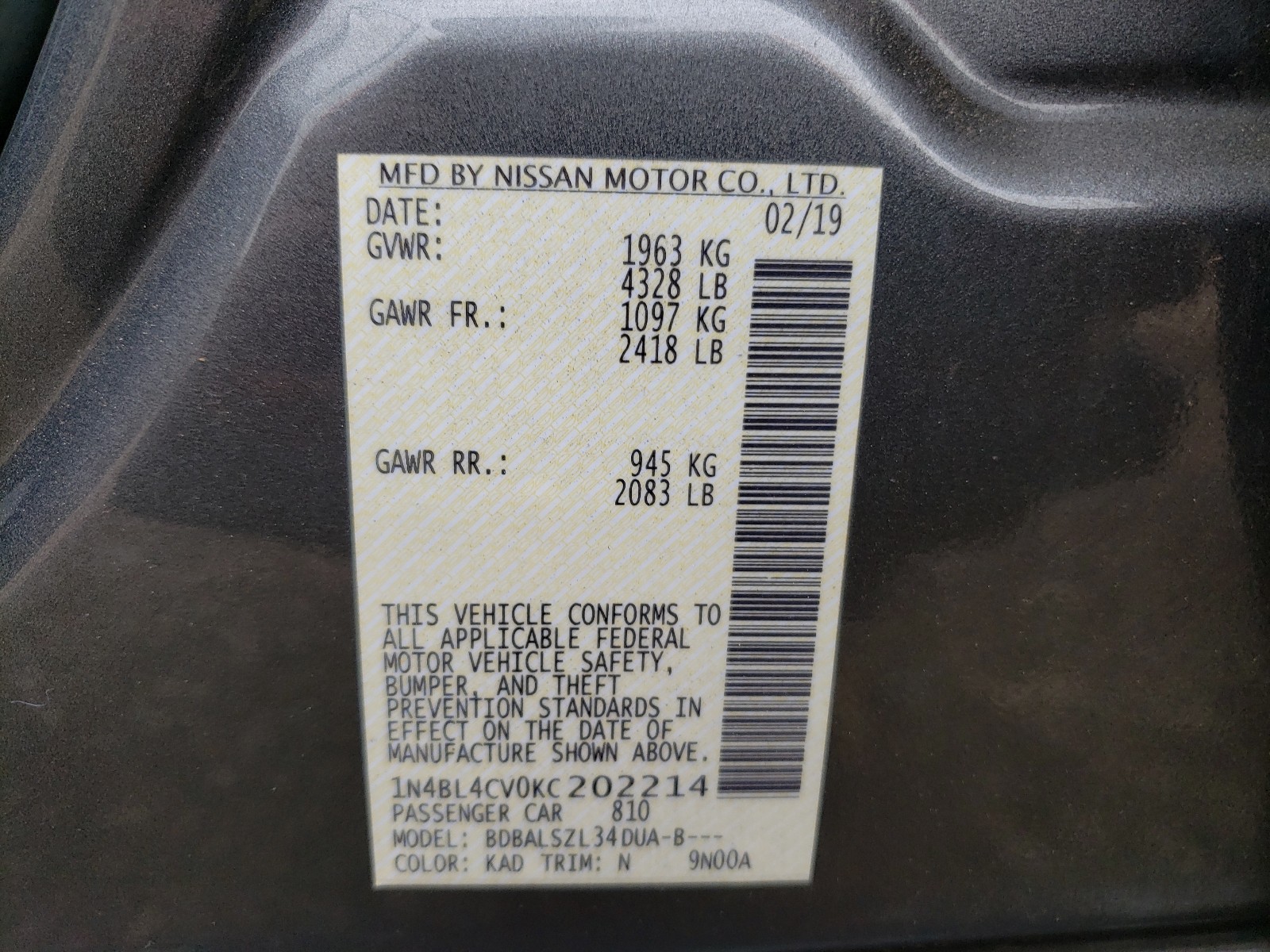 Photo 10 from auction – 2019 NISSAN ALTIMA SR with VIN 1N4BL4CV0KC202214