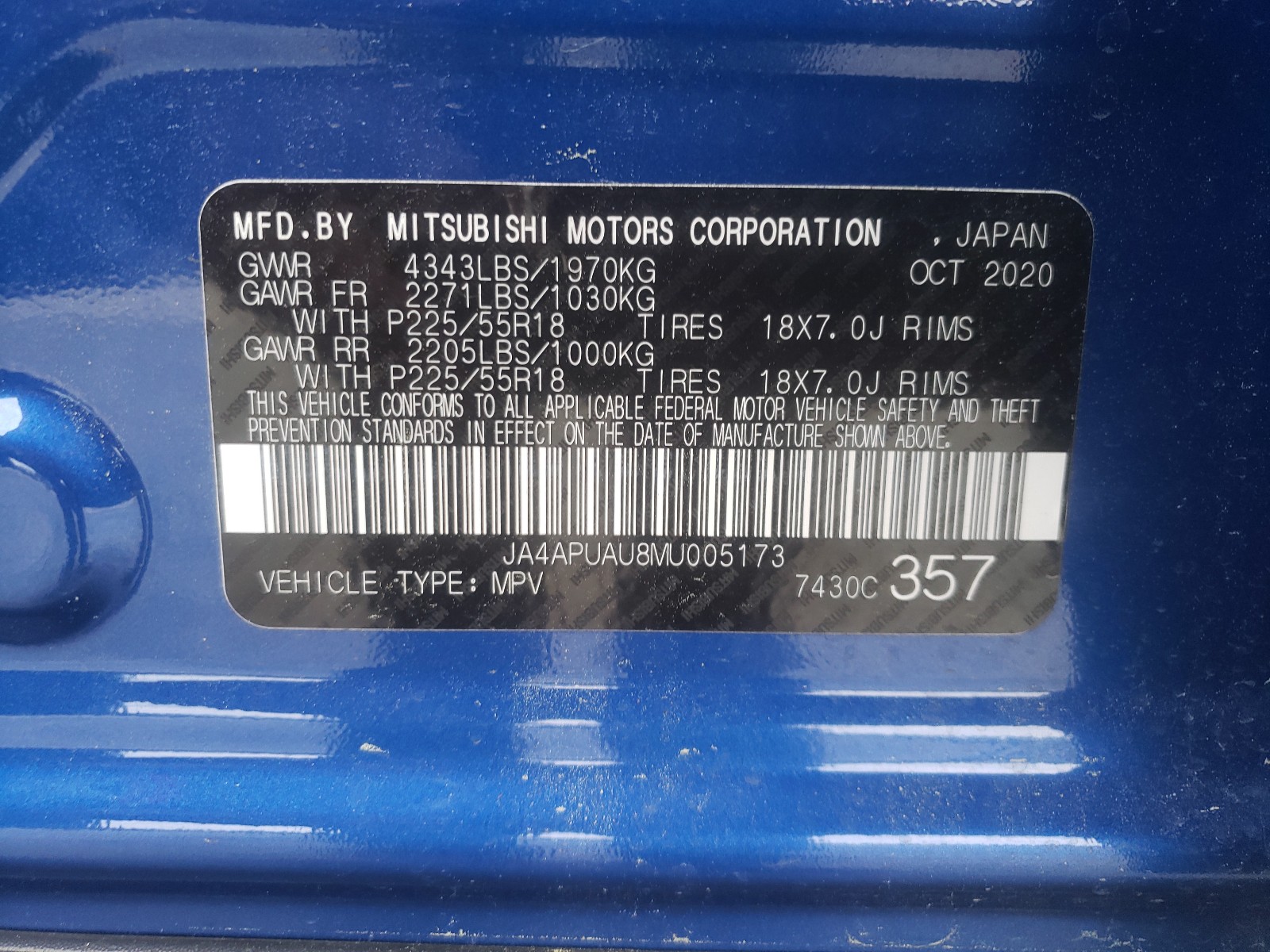 Photo 10 from auction – 2021 MITSUBISHI OUTLANDER with VIN JA4APUAU8MU005173