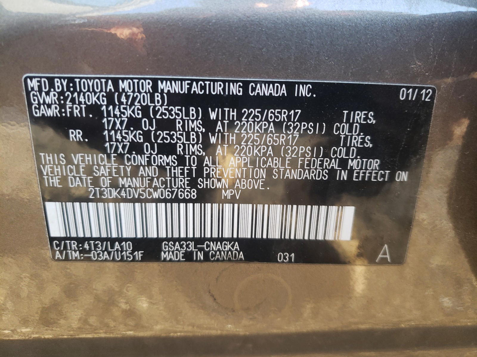 Photo 10 from auction – 2012 TOYOTA RAV4 LIMIT with VIN 2T3DK4DV5CW067668