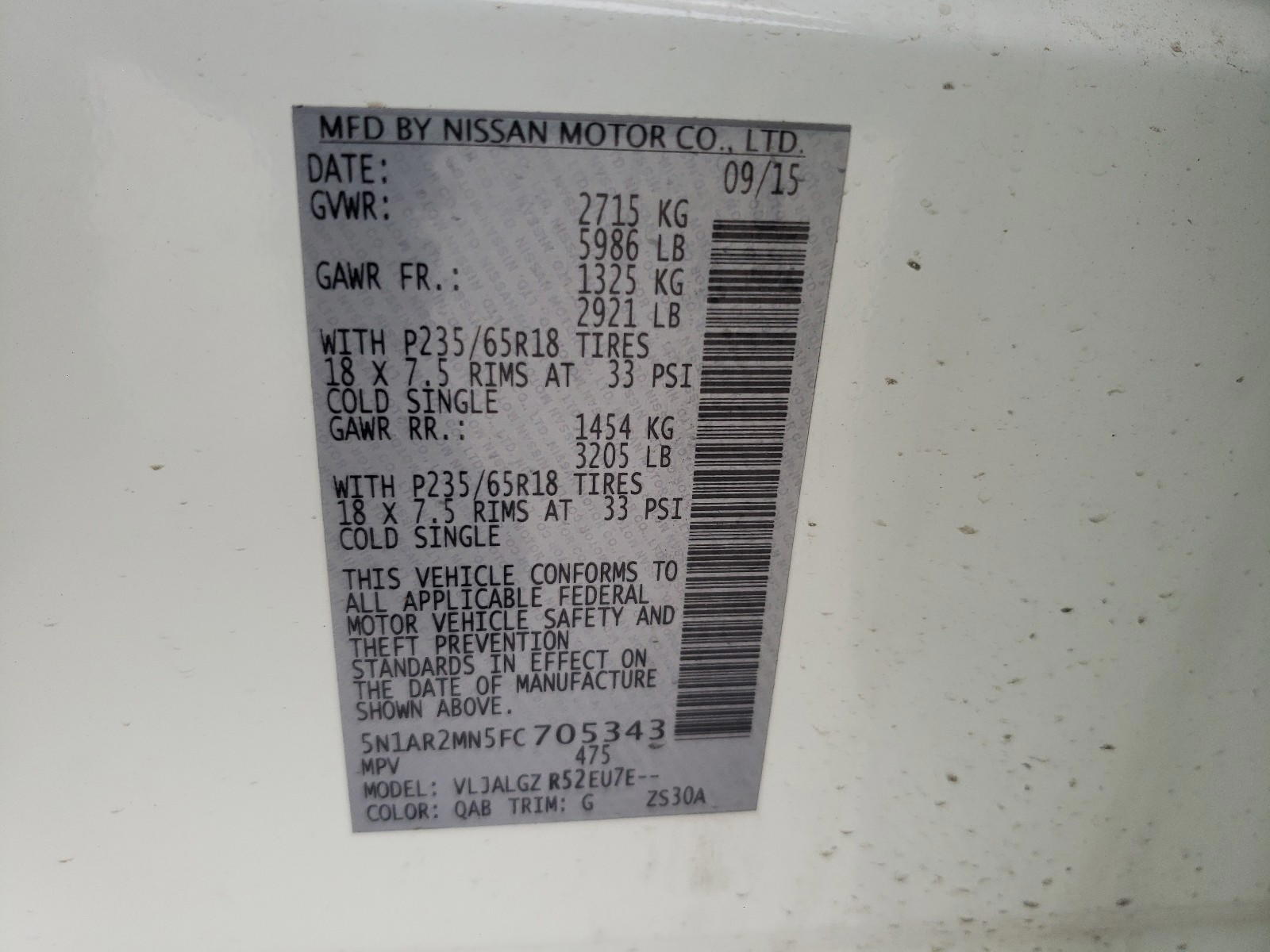 Photo 10 from auction – 2015 NISSAN PATHFINDER with VIN 5N1AR2MN5FC705343