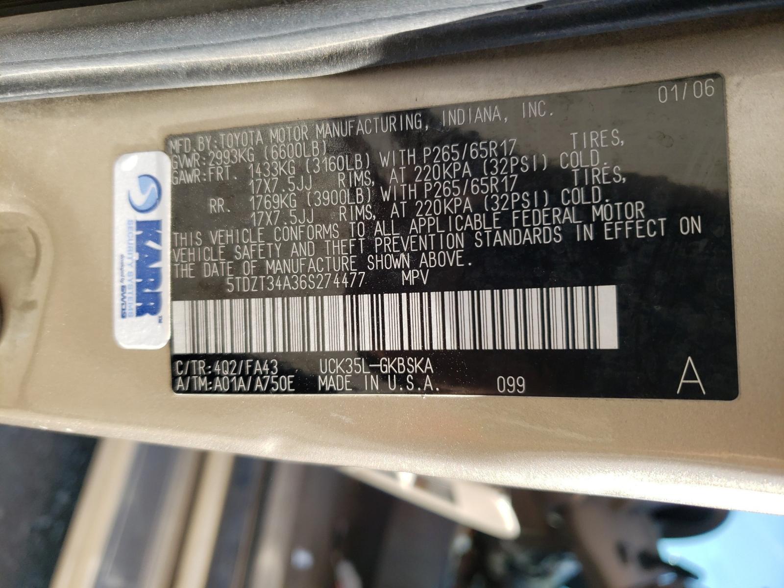 Photo 10 from auction – 2006 TOYOTA SEQUOIA SR with VIN 5TDZT34A36S274477