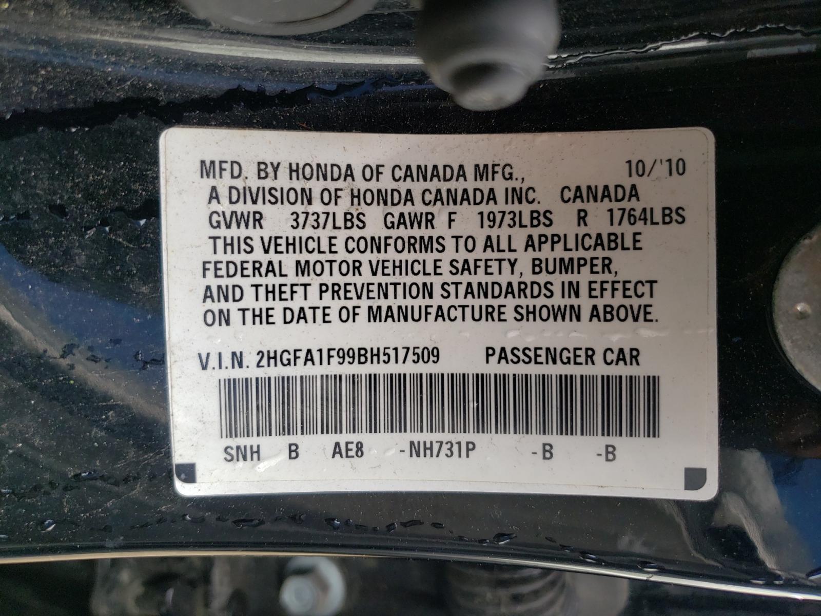 Photo 10 from auction – 2011 HONDA CIVIC EXL with VIN 2HGFA1F99BH517509