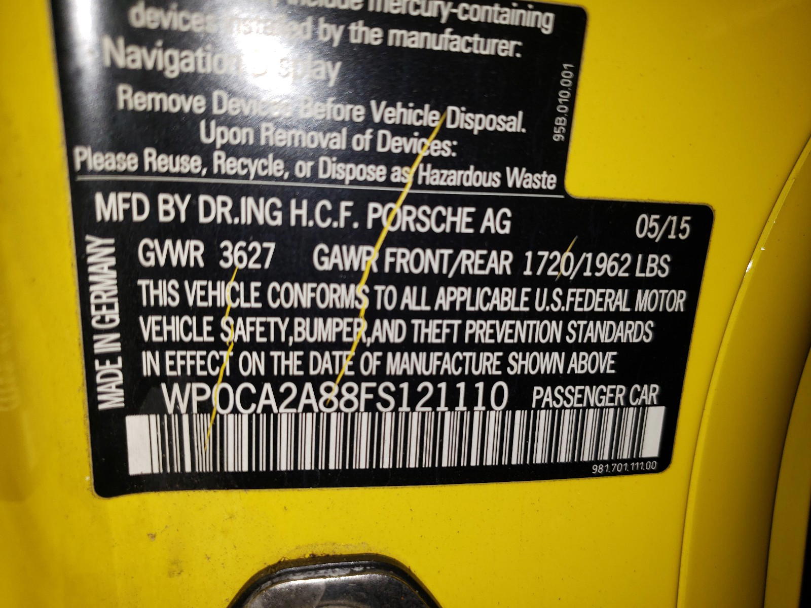 Photo 10 from auction – 2015 PORSCHE BOXSTER with VIN WP0CA2A88FS121110