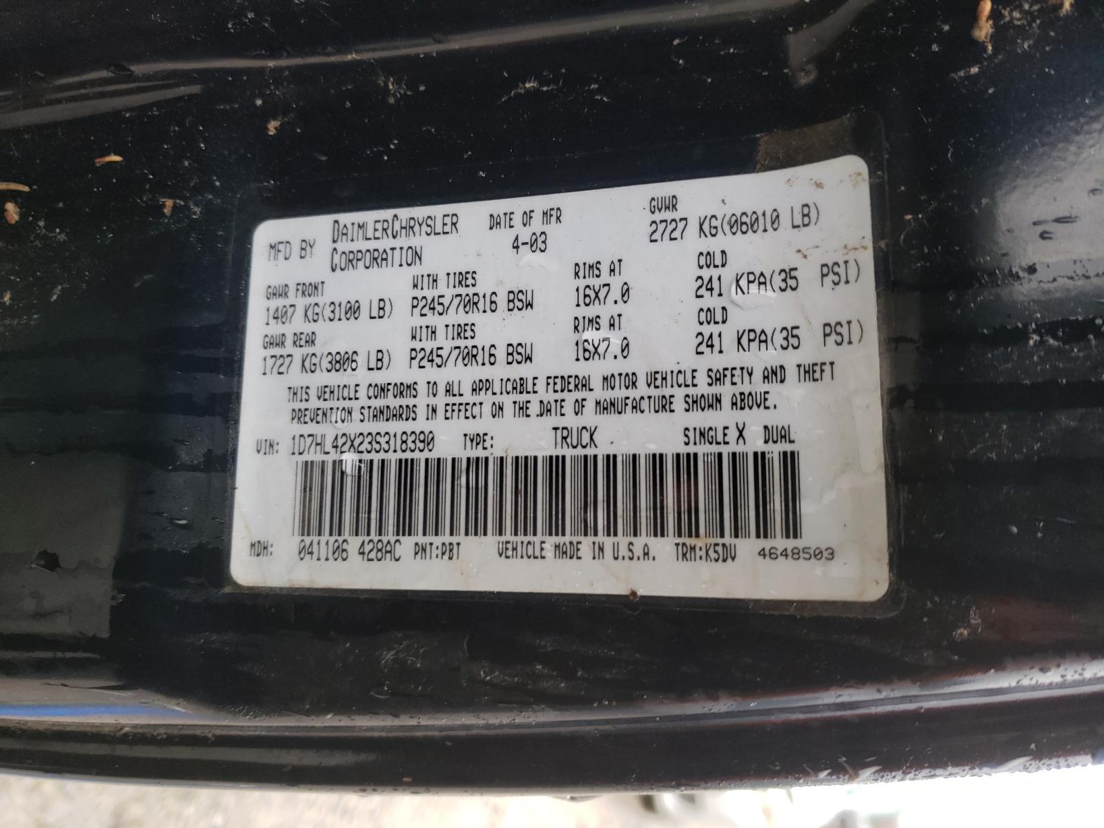 Photo 10 from auction – 2003 DODGE DAKOTA with VIN 1D7HL42X23S318390
