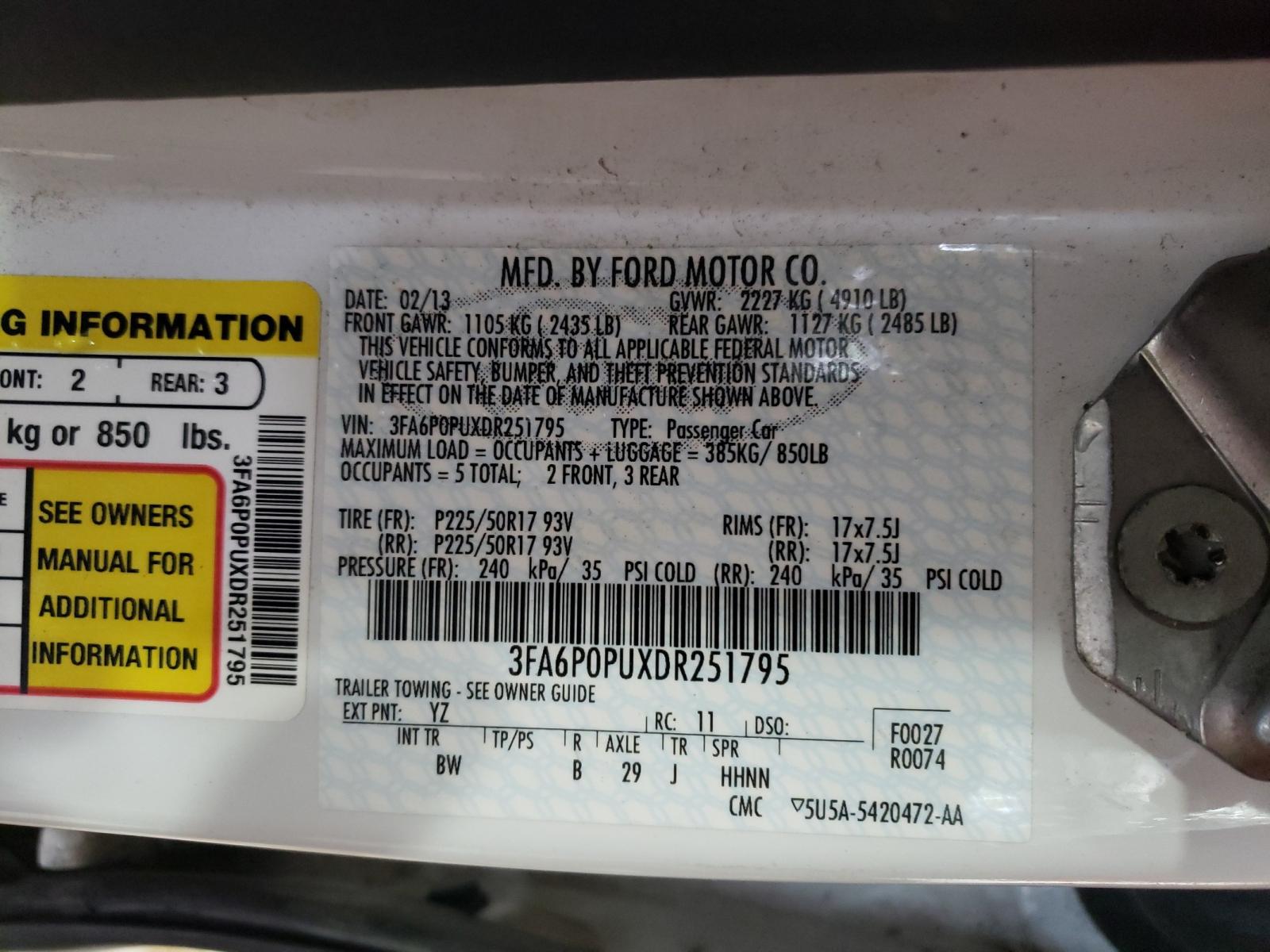 Photo 10 from auction – 2013 FORD FUSION SE with VIN 3FA6P0PUXDR251795