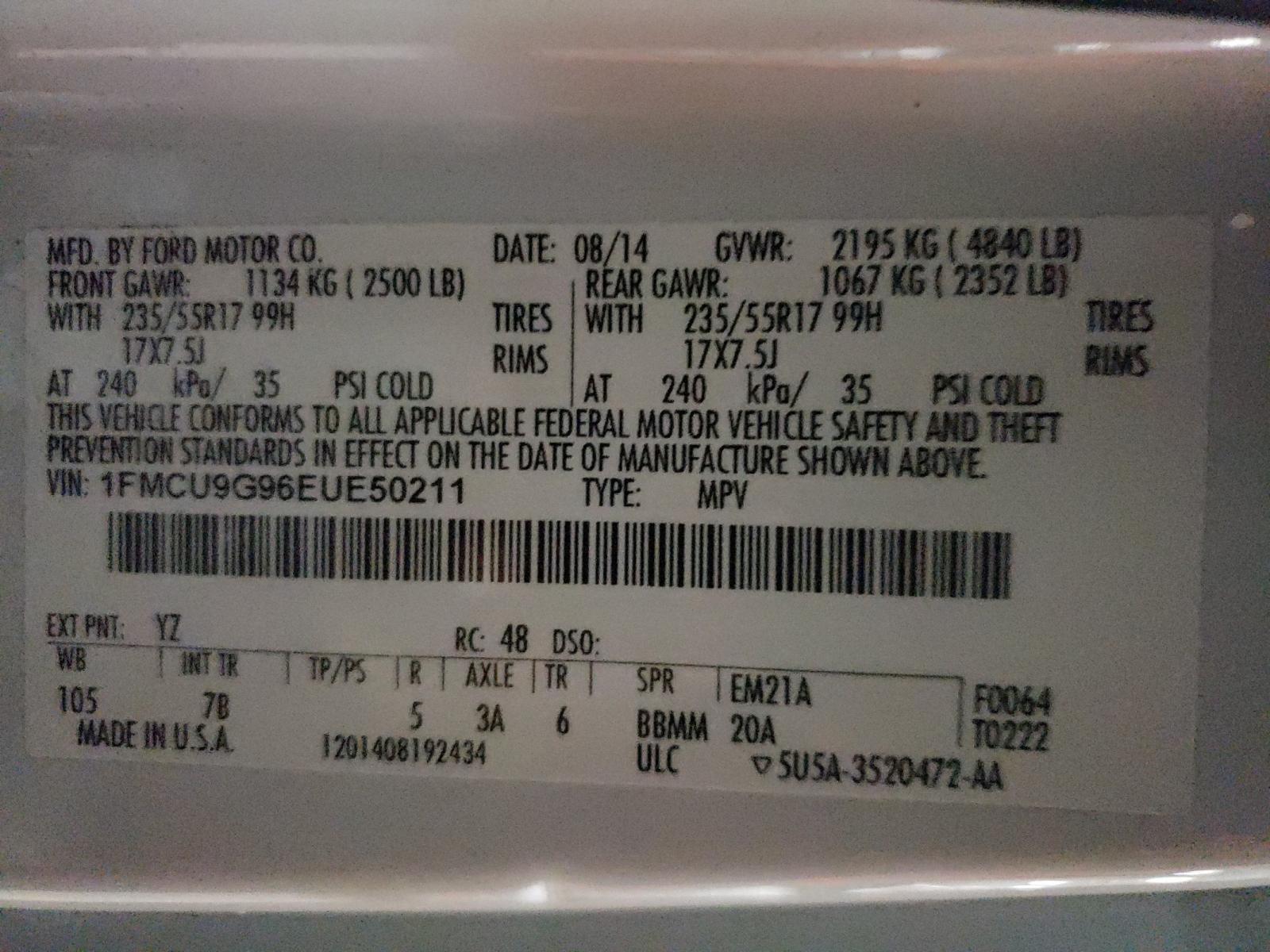 Photo 10 from auction – 2014 FORD ESCAPE SE with VIN 1FMCU9G96EUE50211