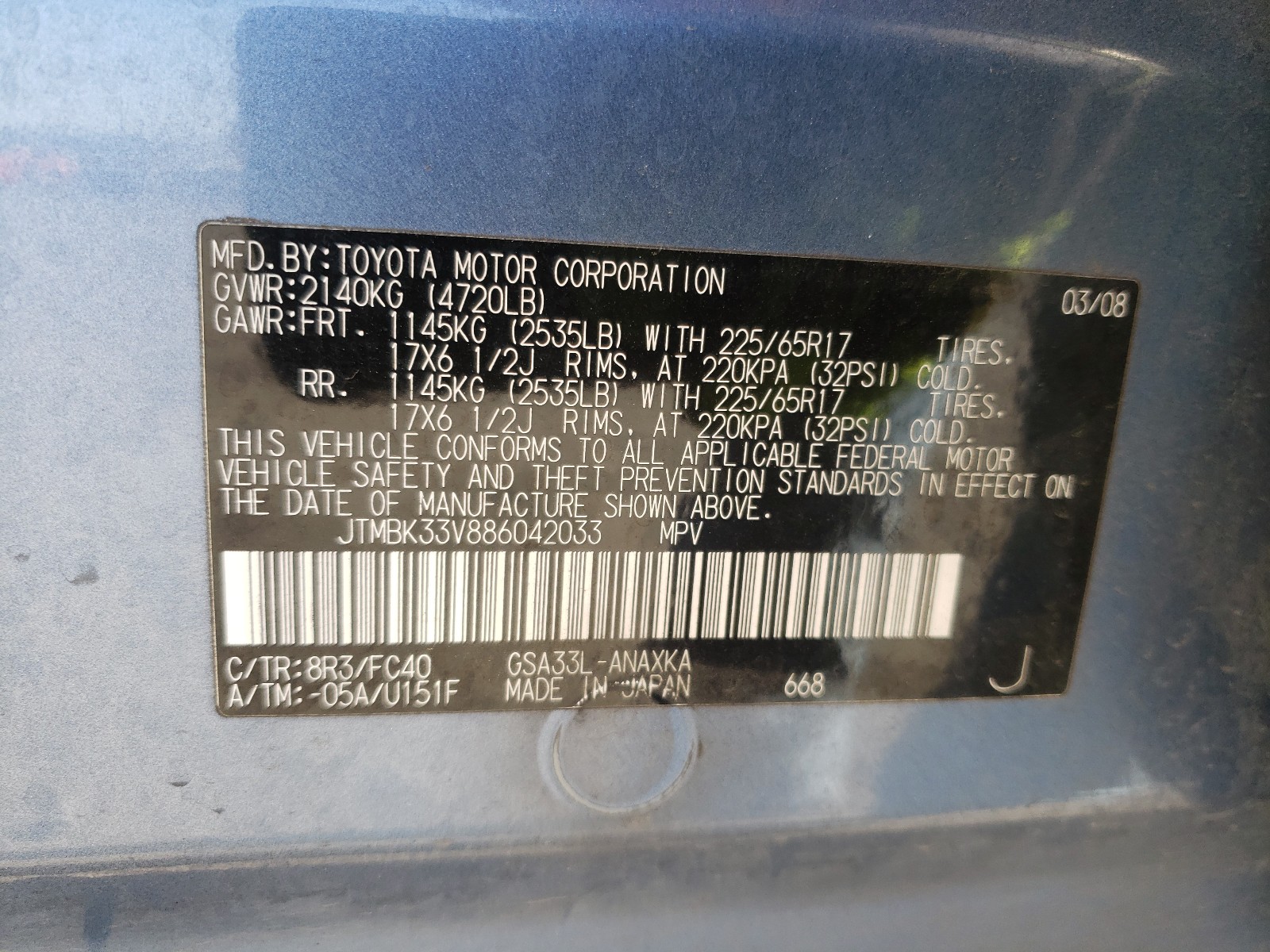 Photo 10 from auction – 2008 TOYOTA RAV4 with VIN JTMBK33V886042033
