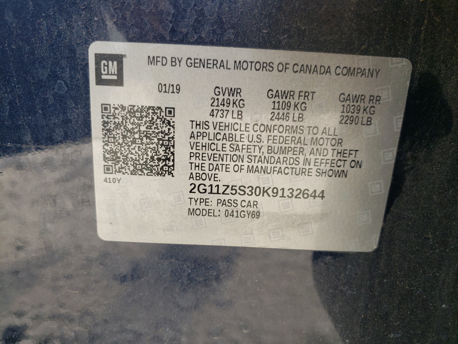 Photo 10 from auction – 2019 CHEVROLET IMPALA LT with VIN 2G11Z5S30K9132644