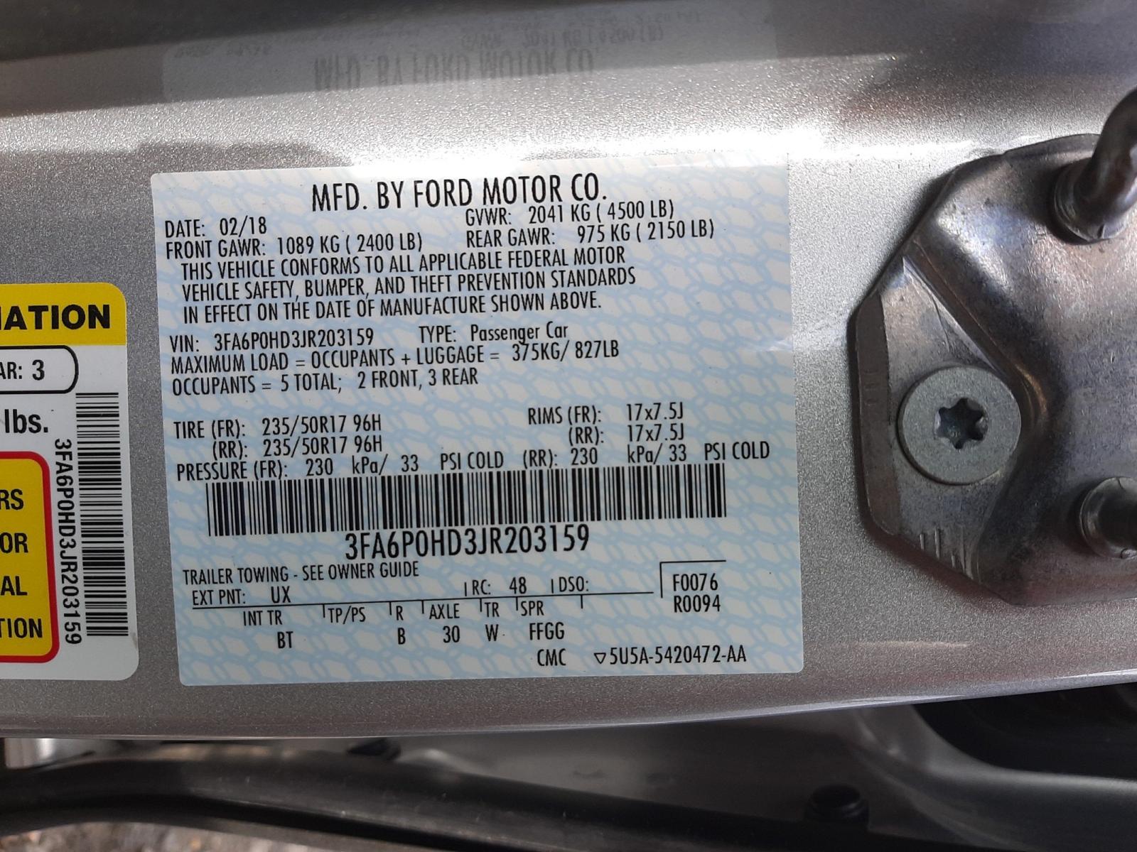 Photo 10 from auction – 2018 FORD FUSION SE with VIN 3FA6P0HD3JR203159