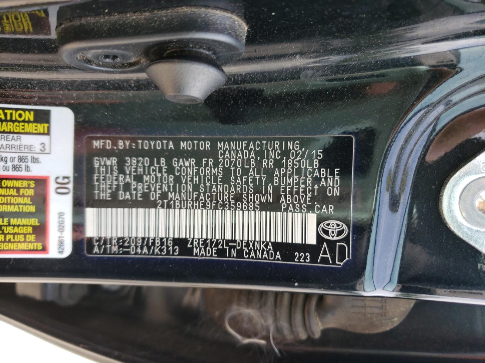 Photo 10 from auction – 2015 TOYOTA COROLLA L with VIN 2T1BURHE9FC359685