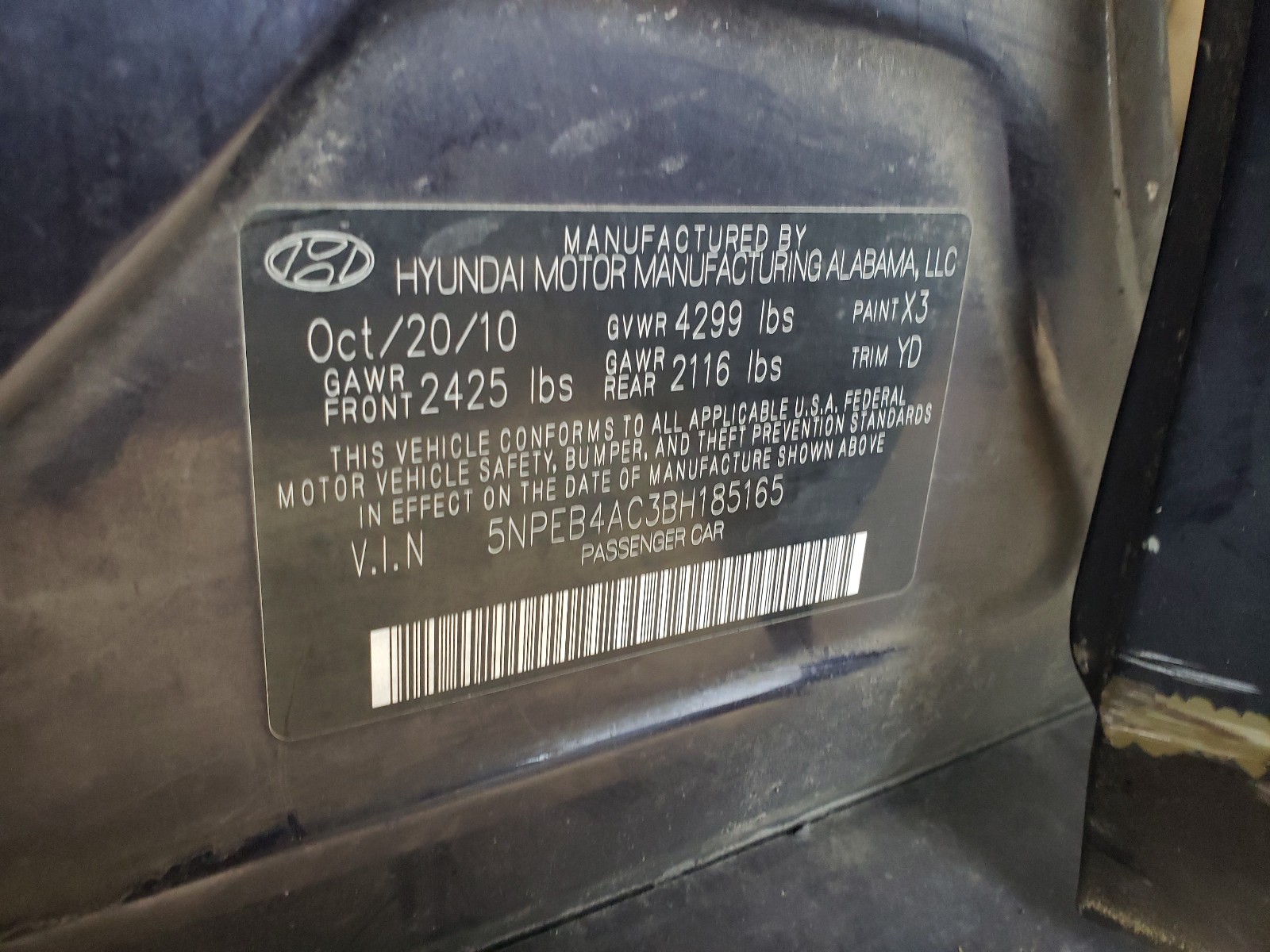 Photo 10 from auction – 2011 HYUNDAI SONATA GLS with VIN 5NPEB4AC3BH185165