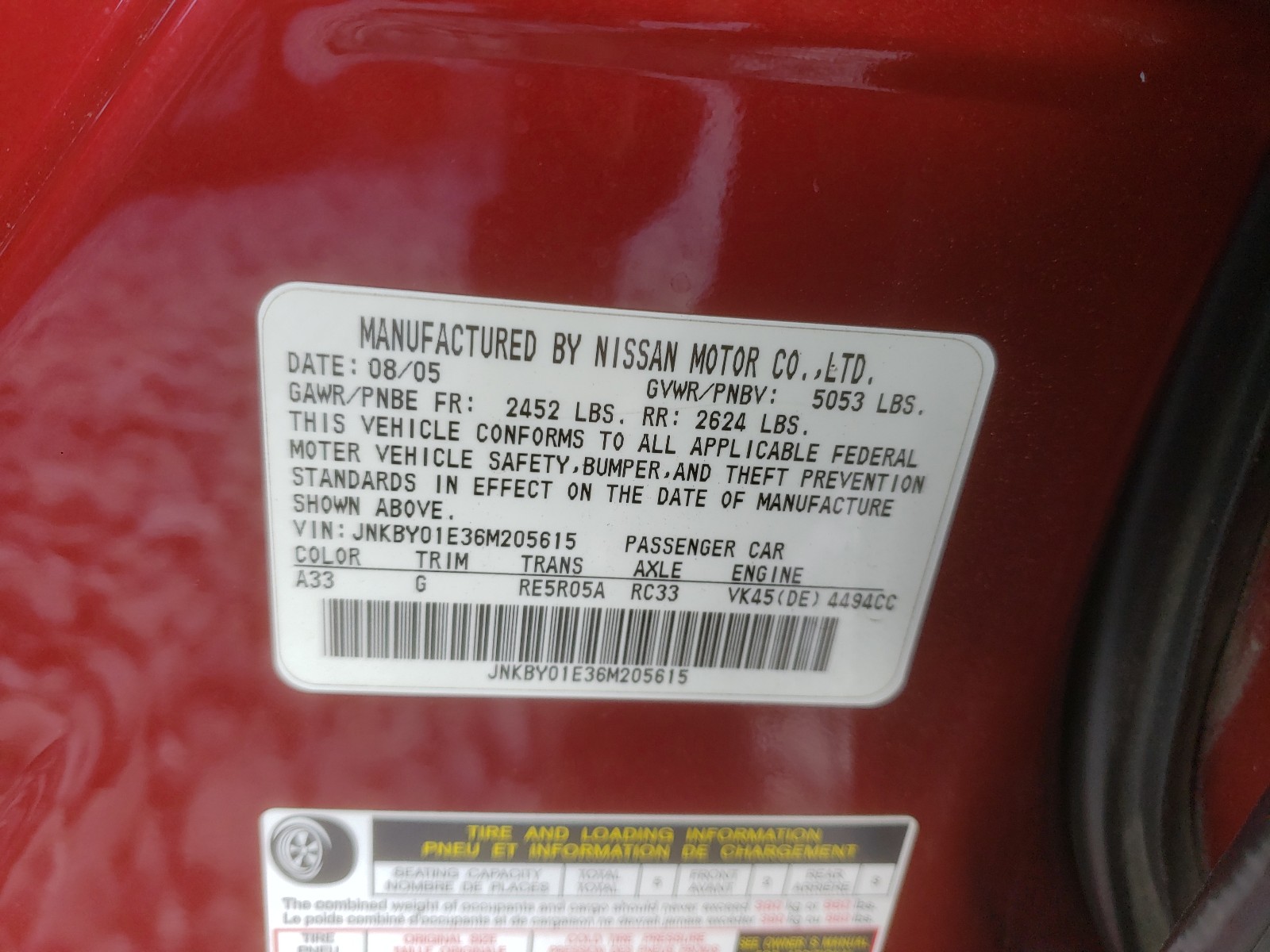Photo 10 from auction – 2006 INFINITI M45 BASE with VIN JNKBY01E36M205615