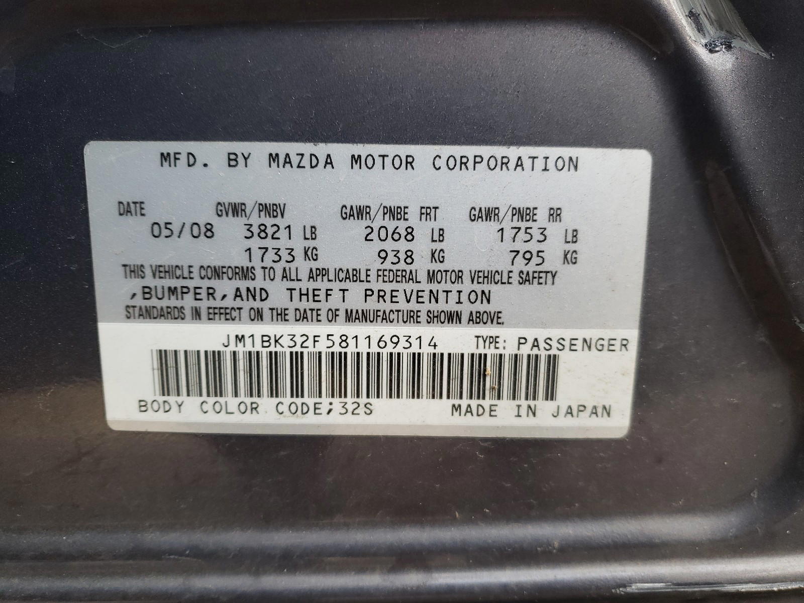 Photo 10 from auction – 2008 MAZDA 3 I with VIN JM1BK32F581169314