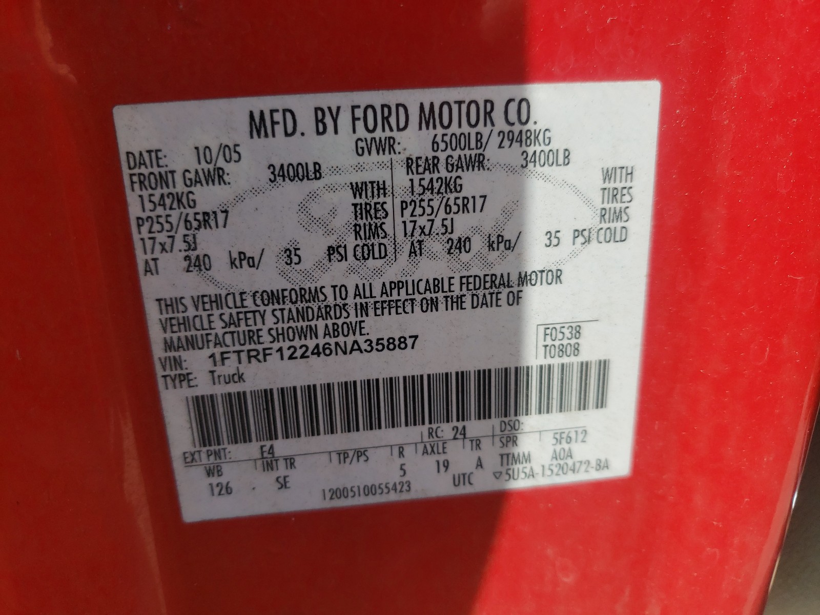 Photo 10 from auction – 2006 FORD F150 with VIN 1FTRF12246NA35887