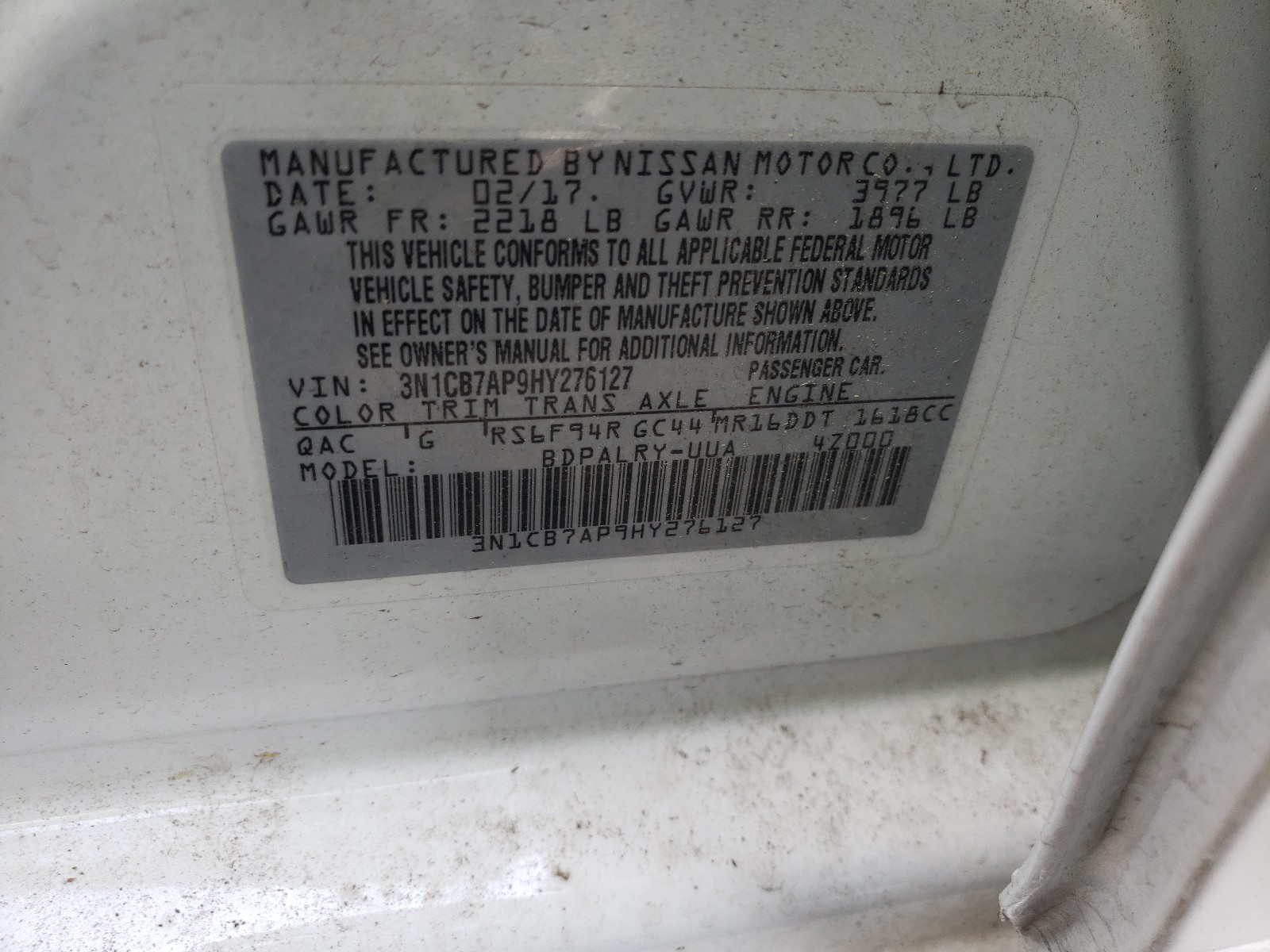 Photo 10 from auction – 2017 NISSAN SENTRA SR with VIN 3N1CB7AP9HY276127