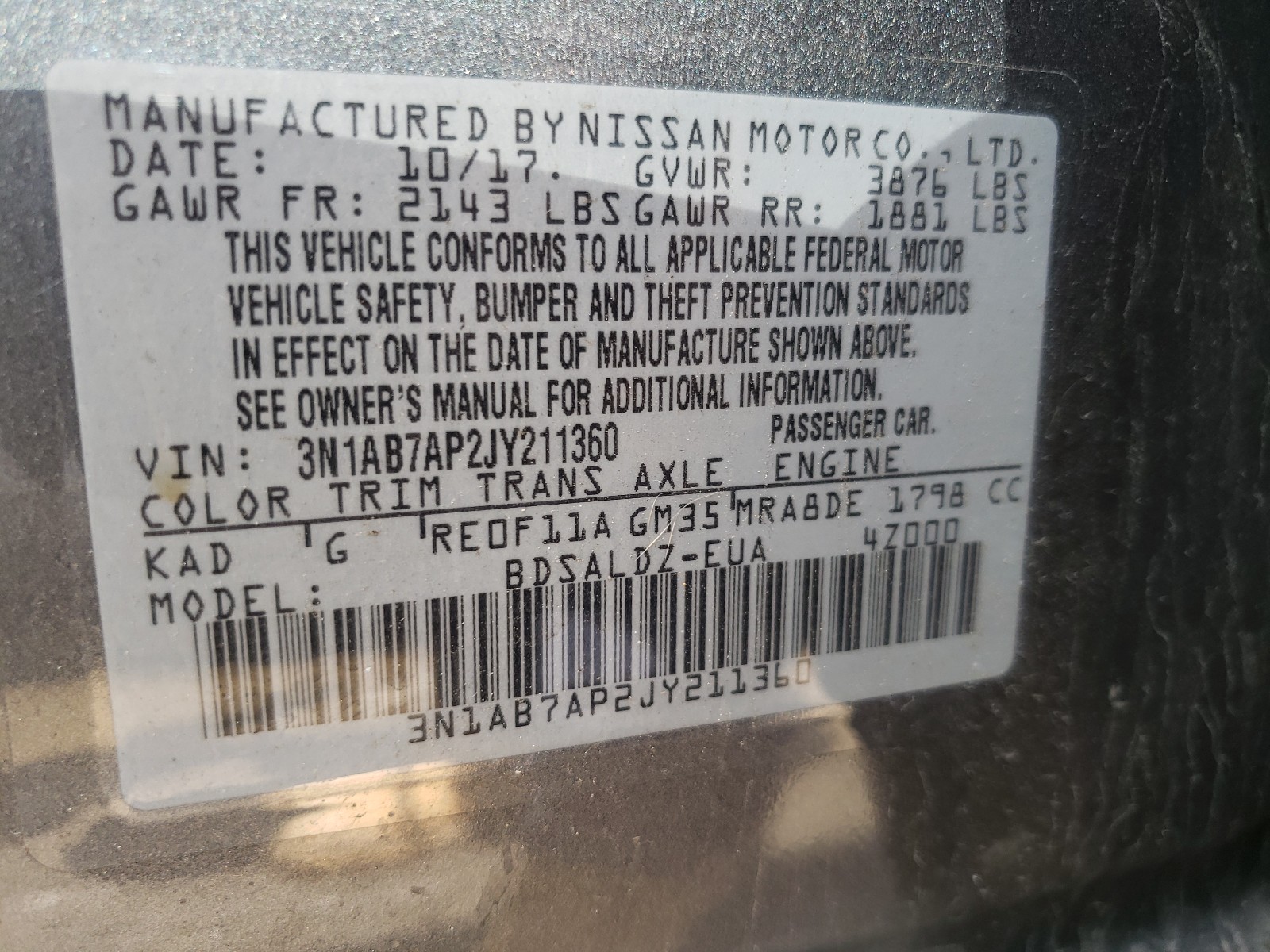 Photo 10 from auction – 2018 NISSAN SENTRA S with VIN 3N1AB7AP2JY211360