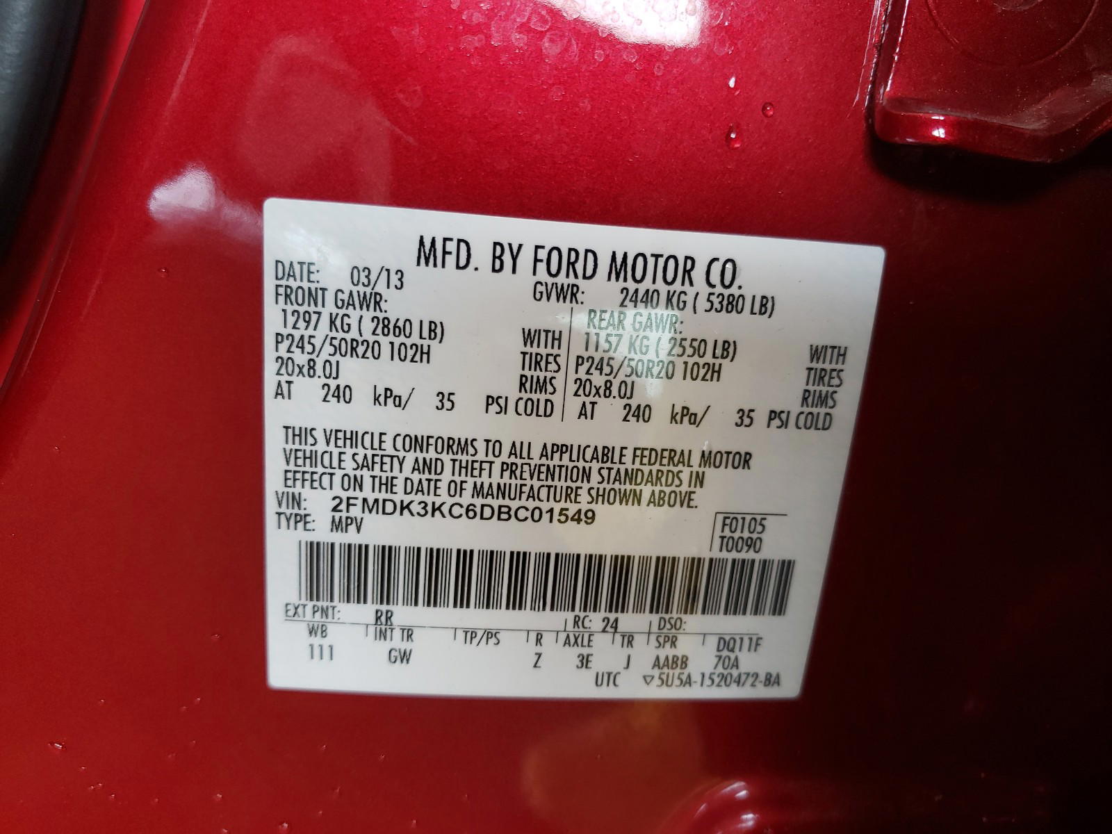 Photo 10 from auction – 2013 FORD EDGE LIMIT with VIN 2FMDK3KC6DBC01549