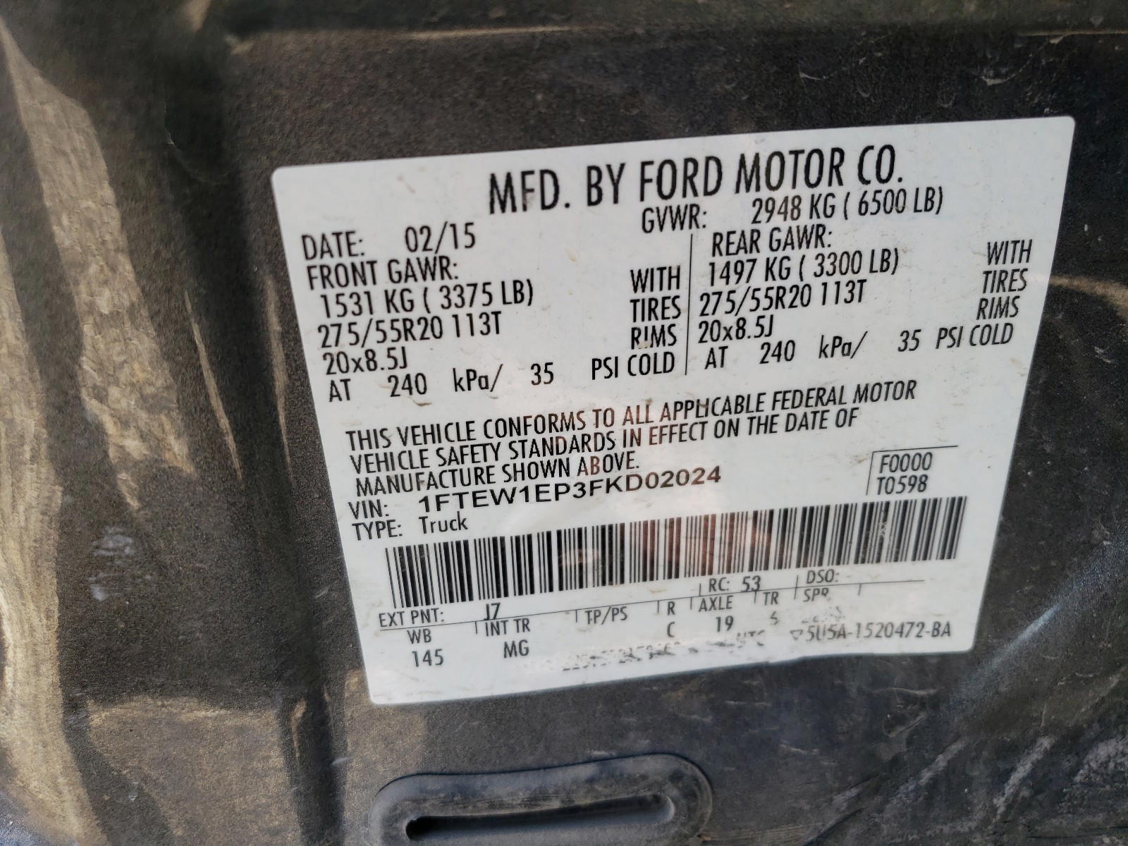 Photo 10 from auction – 2015 FORD F150 SUPER with VIN 1FTEW1EP3FKD02024
