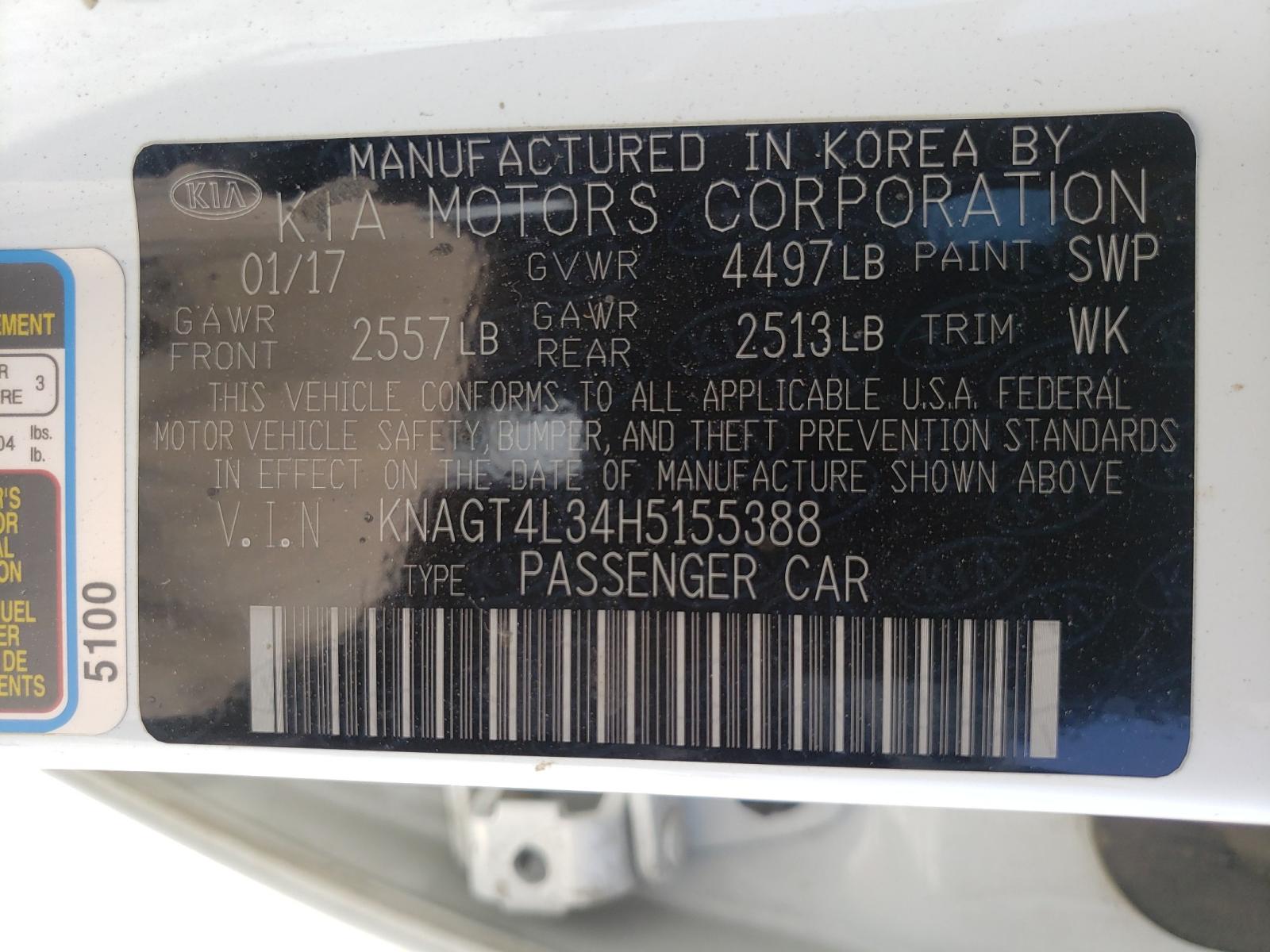 Photo 10 from auction – 2017 KIA OPTIMA LX with VIN KNAGT4L34H5155388
