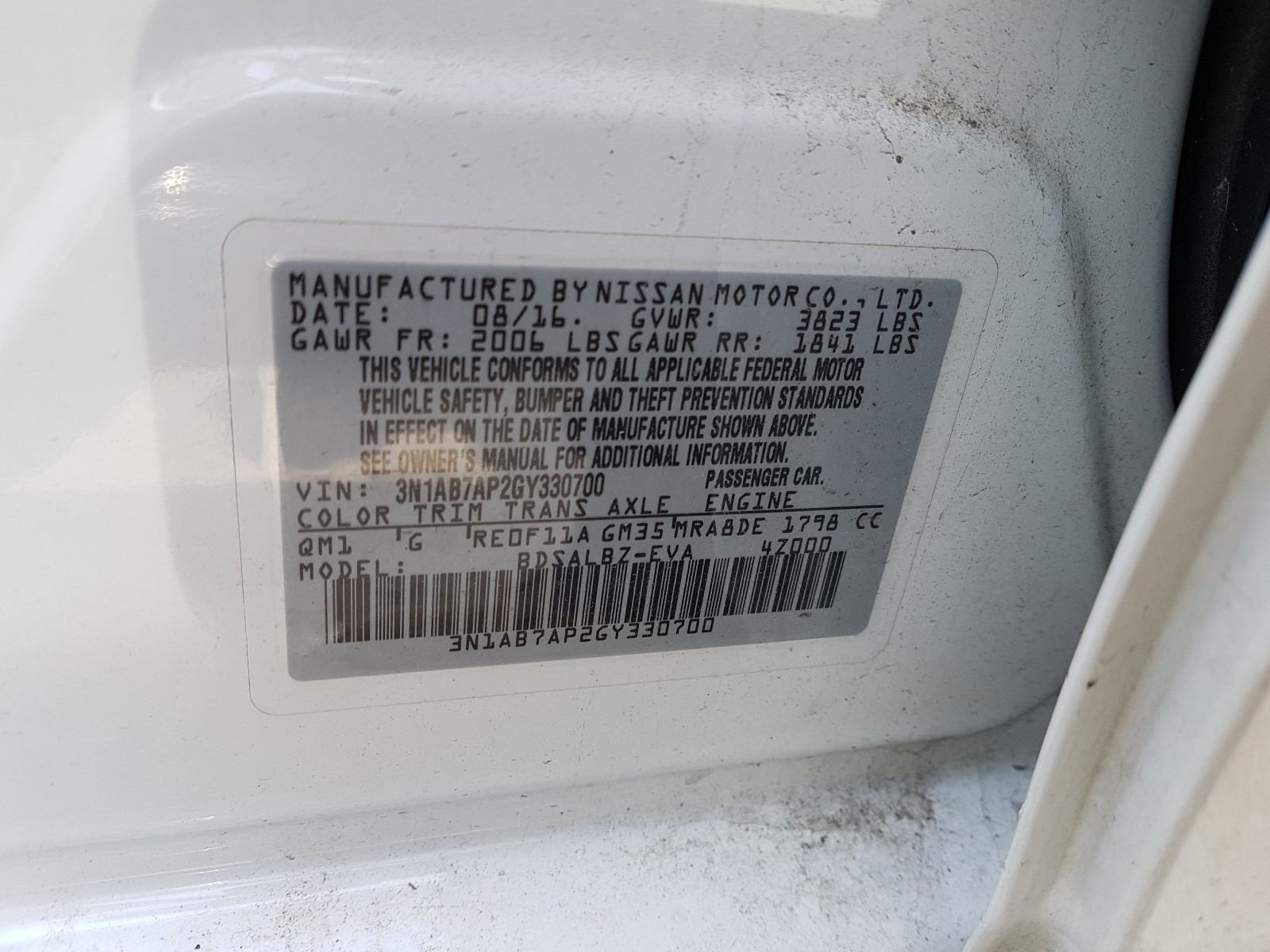 Photo 10 from auction – 2016 NISSAN SENTRA S with VIN 3N1AB7AP2GY330700