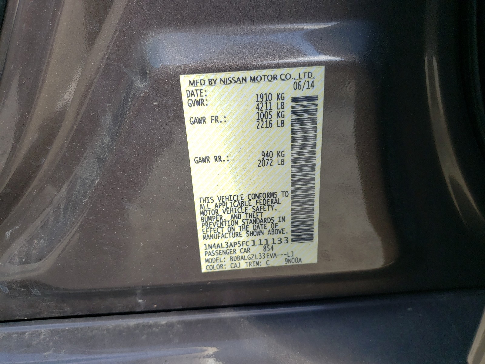 Photo 10 from auction – 2015 NISSAN ALTIMA 2.5 with VIN 1N4AL3AP5FC111133