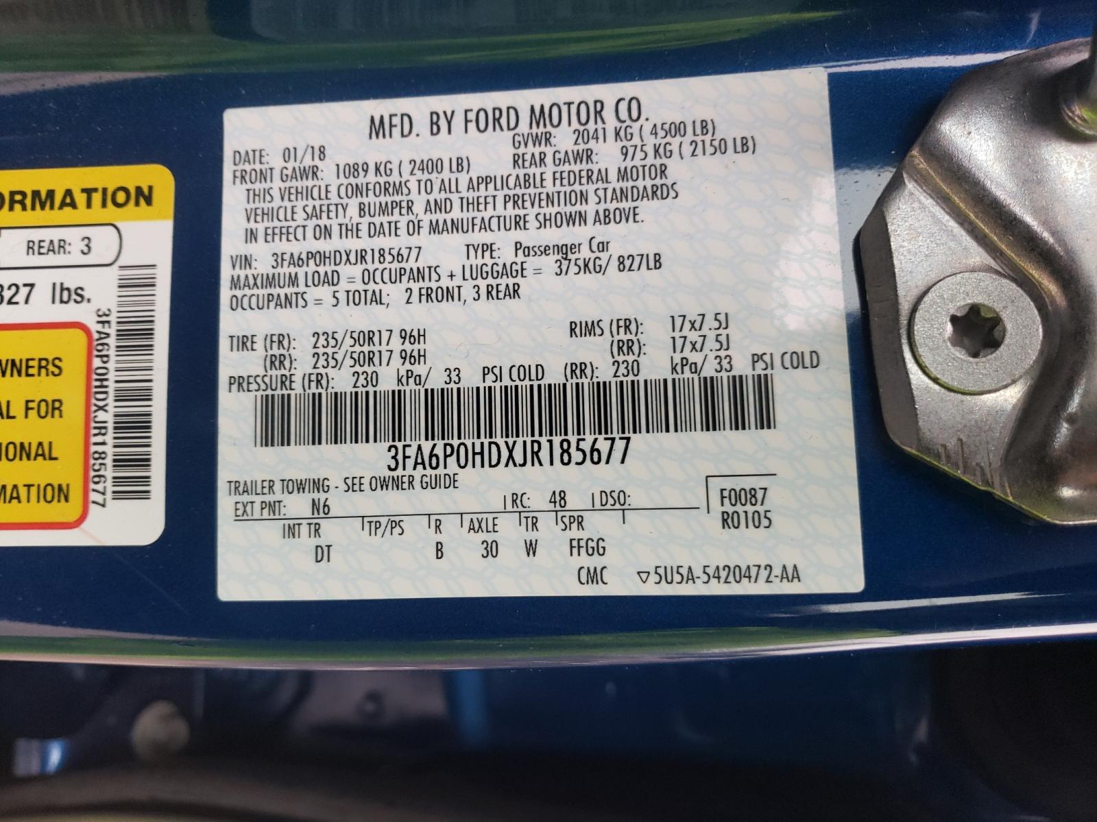 Photo 10 from auction – 2018 FORD FUSION SE with VIN 3FA6P0HDXJR185677