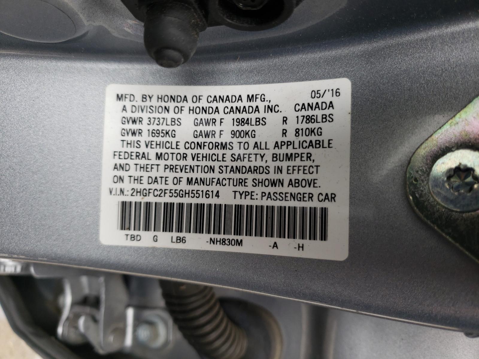 Photo 10 from auction – 2016 HONDA CIVIC LX with VIN 2HGFC2F55GH551614