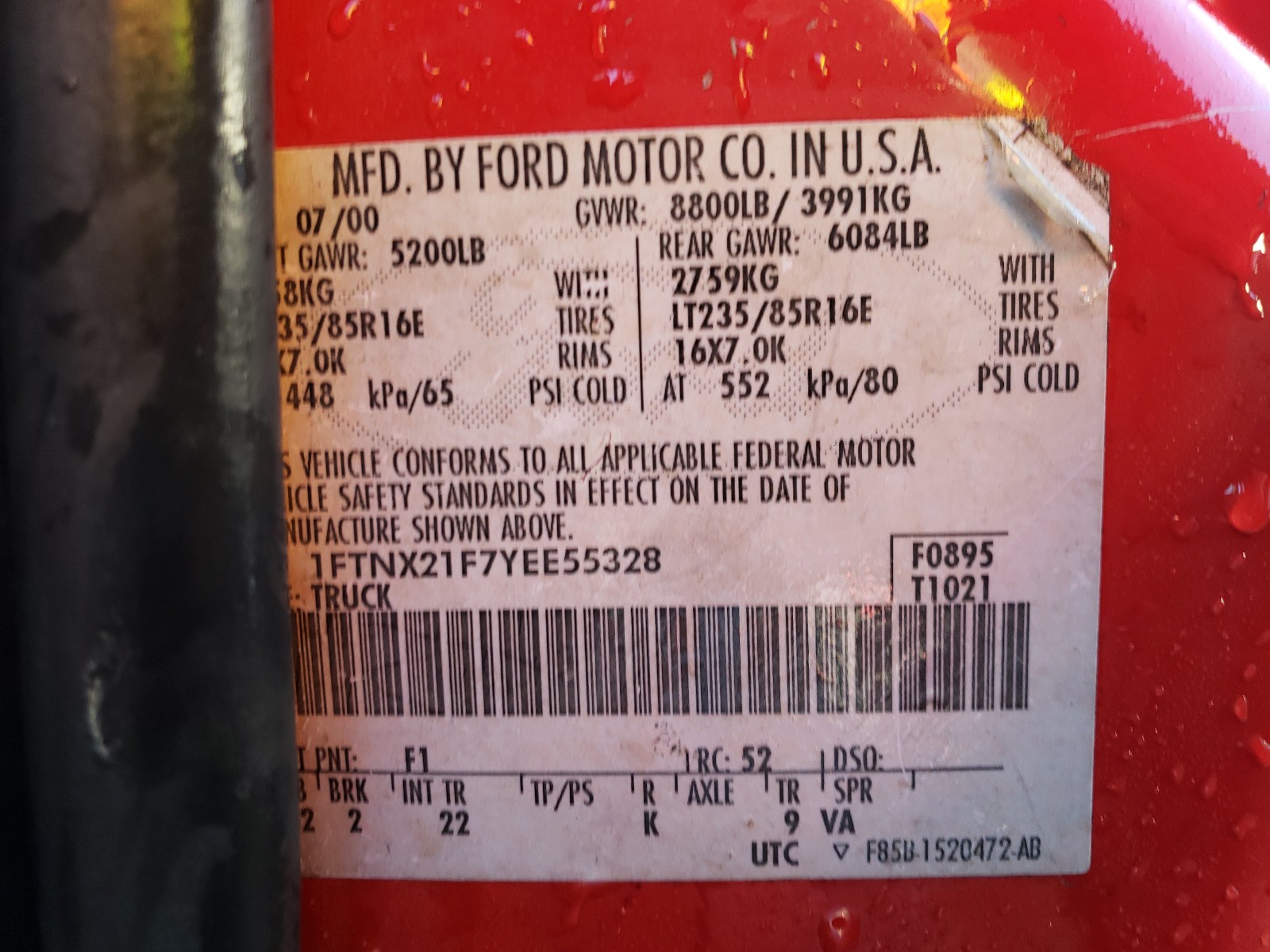 Photo 10 from auction – 2000 FORD F250 SUPER with VIN 1FTNX21F7YEE55328