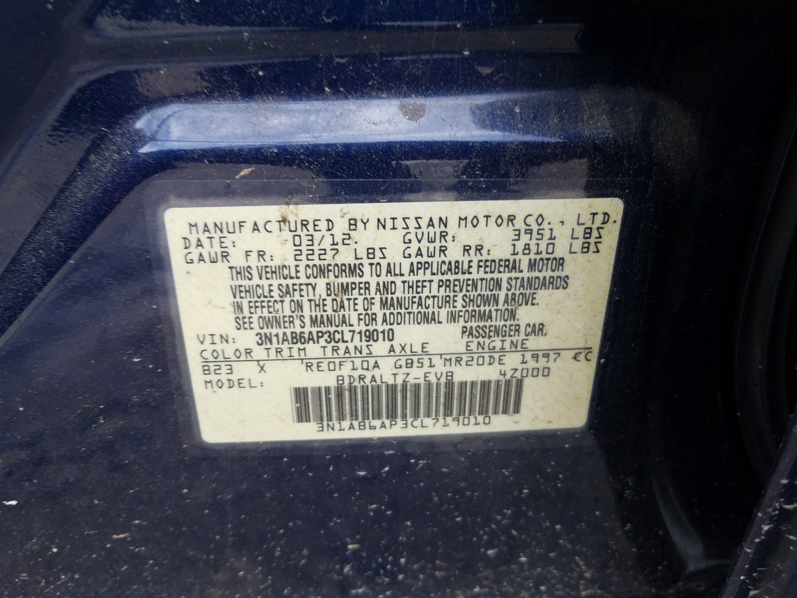 Photo 10 from auction – 2012 NISSAN SENTRA 2.0 with VIN 3N1AB6AP3CL719010