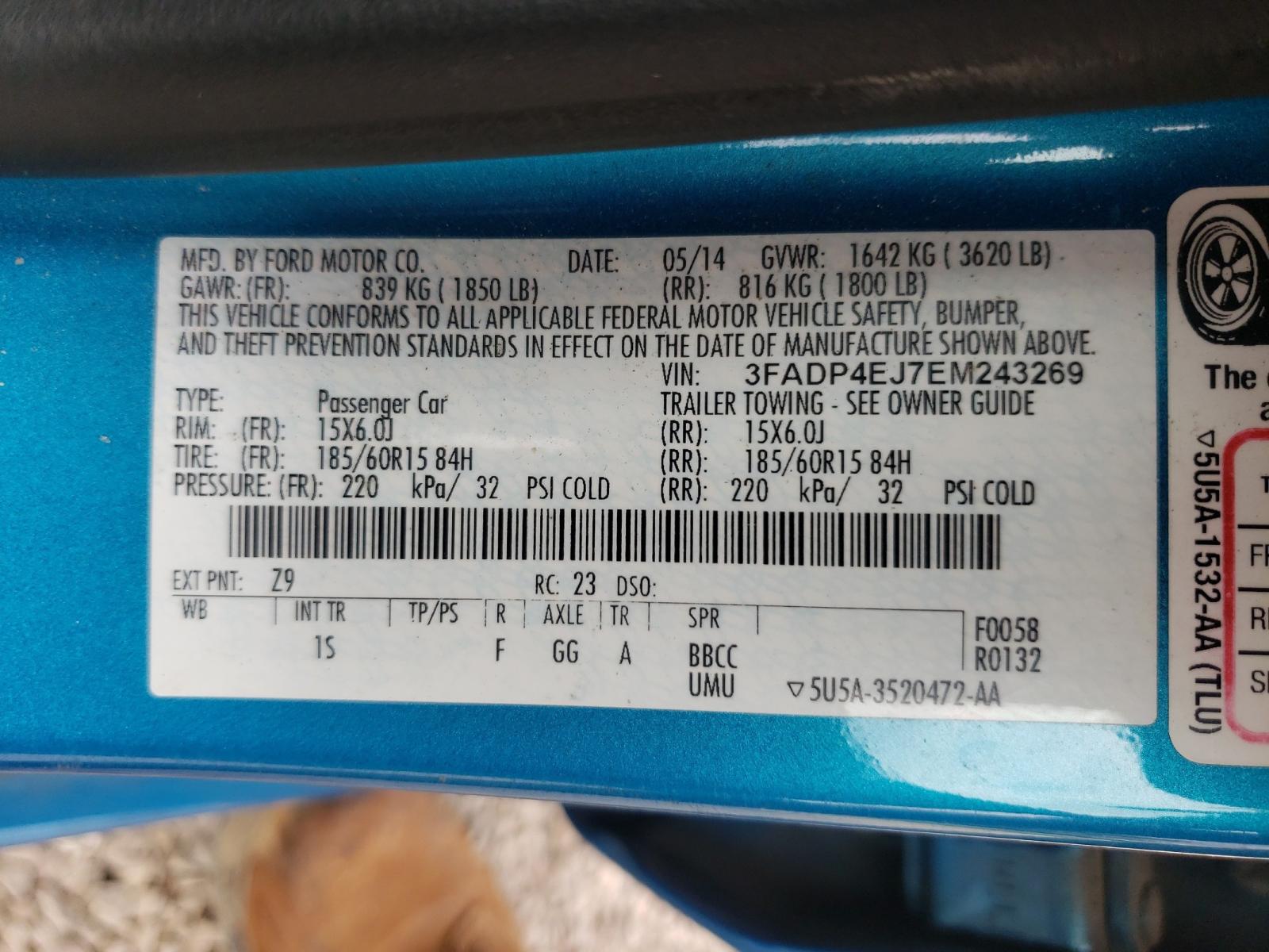 Photo 10 from auction – 2014 FORD FIESTA SE with VIN 3FADP4EJ7EM243269