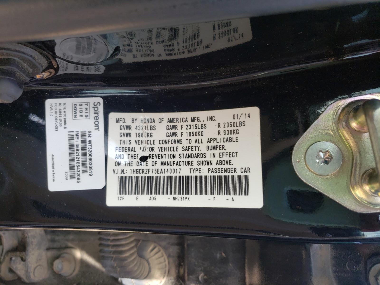 Photo 10 from auction – 2014 HONDA ACCORD EX with VIN 1HGCR2F75EA140017