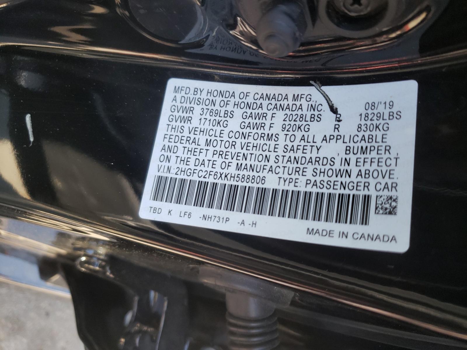 Photo 10 from auction – 2019 HONDA CIVIC LX with VIN 2HGFC2F6XKH588806