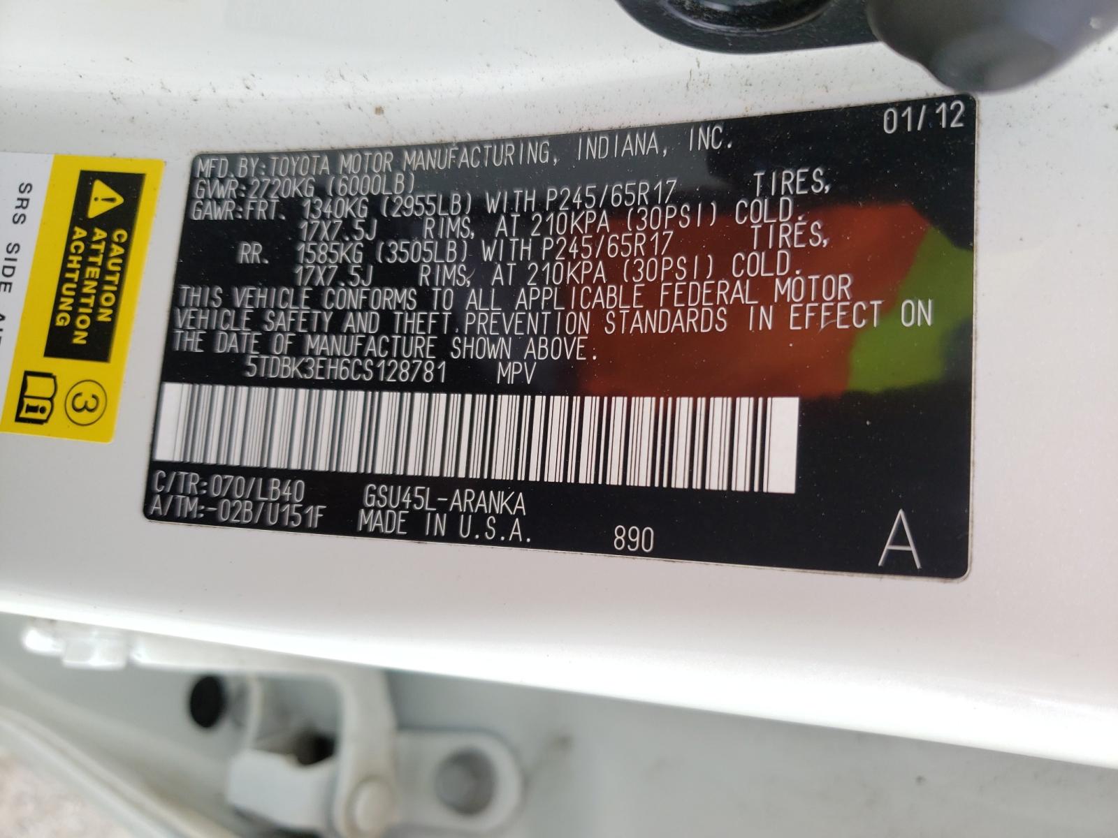 Photo 10 from auction – 2012 TOYOTA HIGHLANDER with VIN 5TDBK3EH6CS128781
