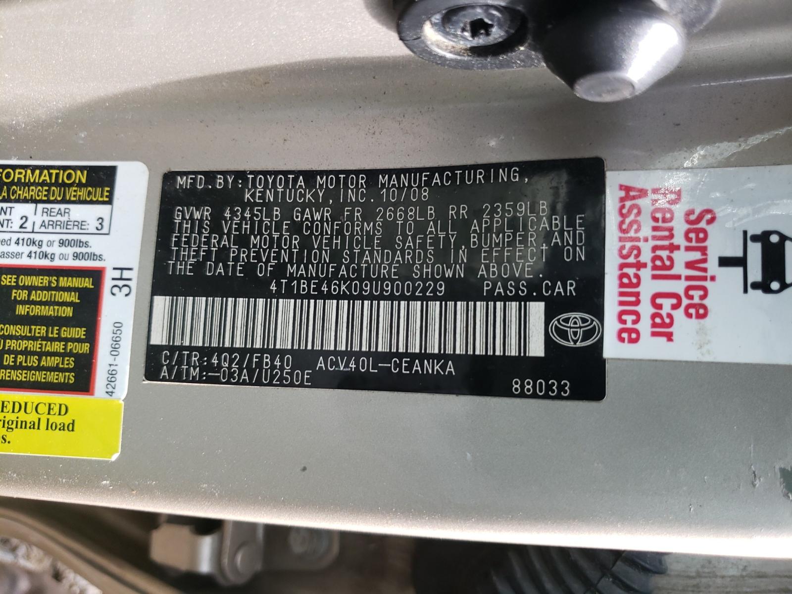 Photo 10 from auction – 2009 TOYOTA CAMRY BASE with VIN 4T1BE46K09U900229