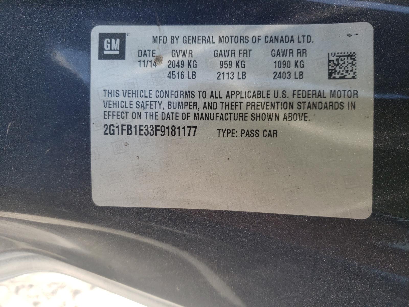 Photo 10 from auction – 2015 CHEVROLET CAMARO LS with VIN 2G1FB1E33F9181177
