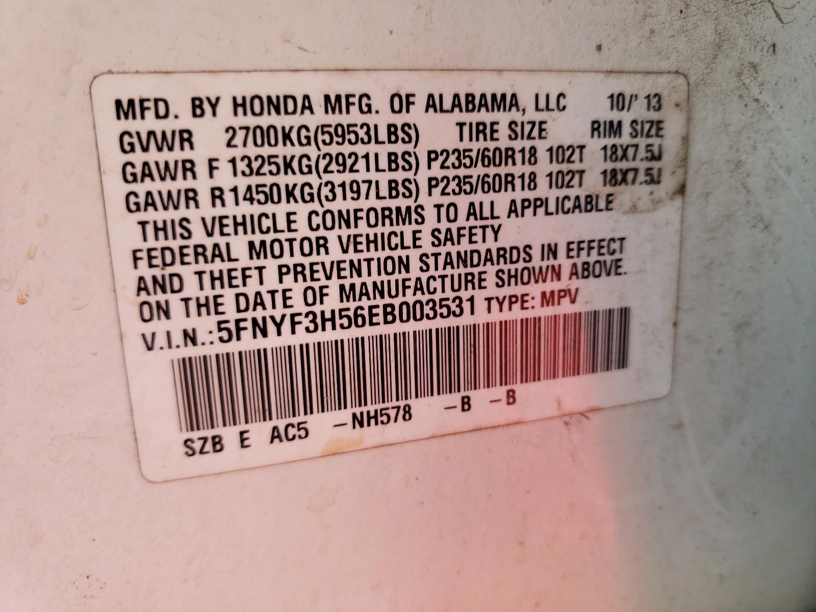 Photo 10 from auction – 2014 HONDA PILOT EXL with VIN 5FNYF3H56EB003531