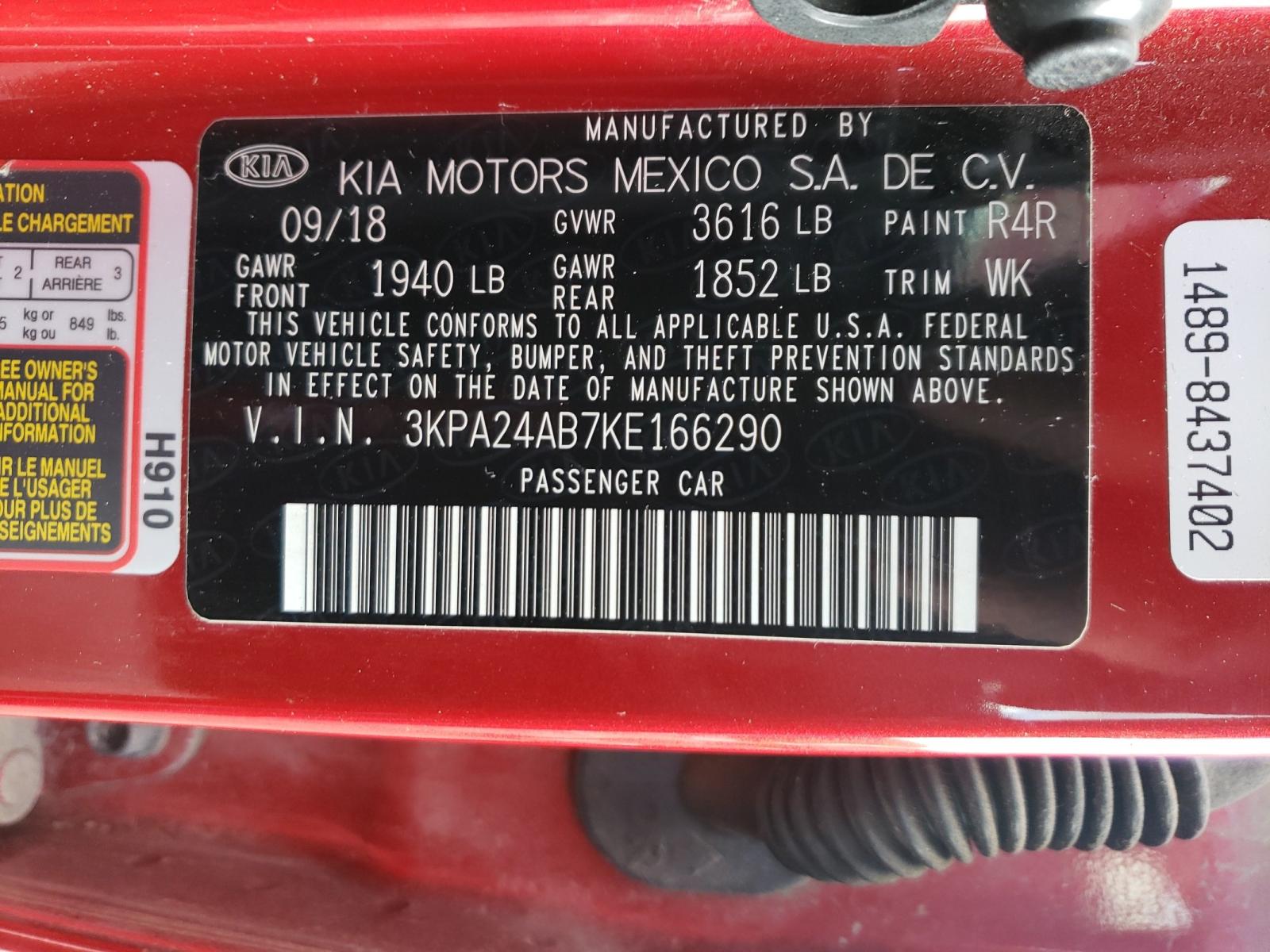Photo 10 from auction – 2019 KIA RIO S with VIN 3KPA24AB7KE166290