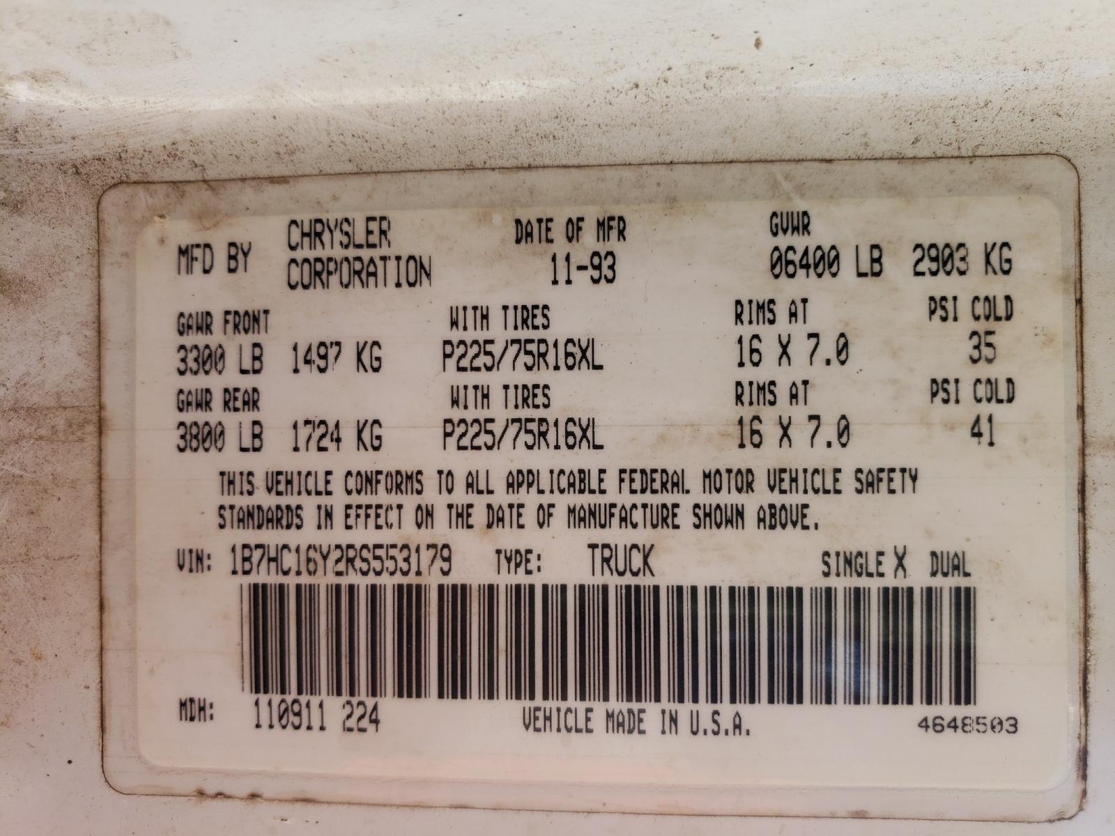 Photo 10 from auction – 1994 DODGE RAM 1500 with VIN 1B7HC16Y2RS553179