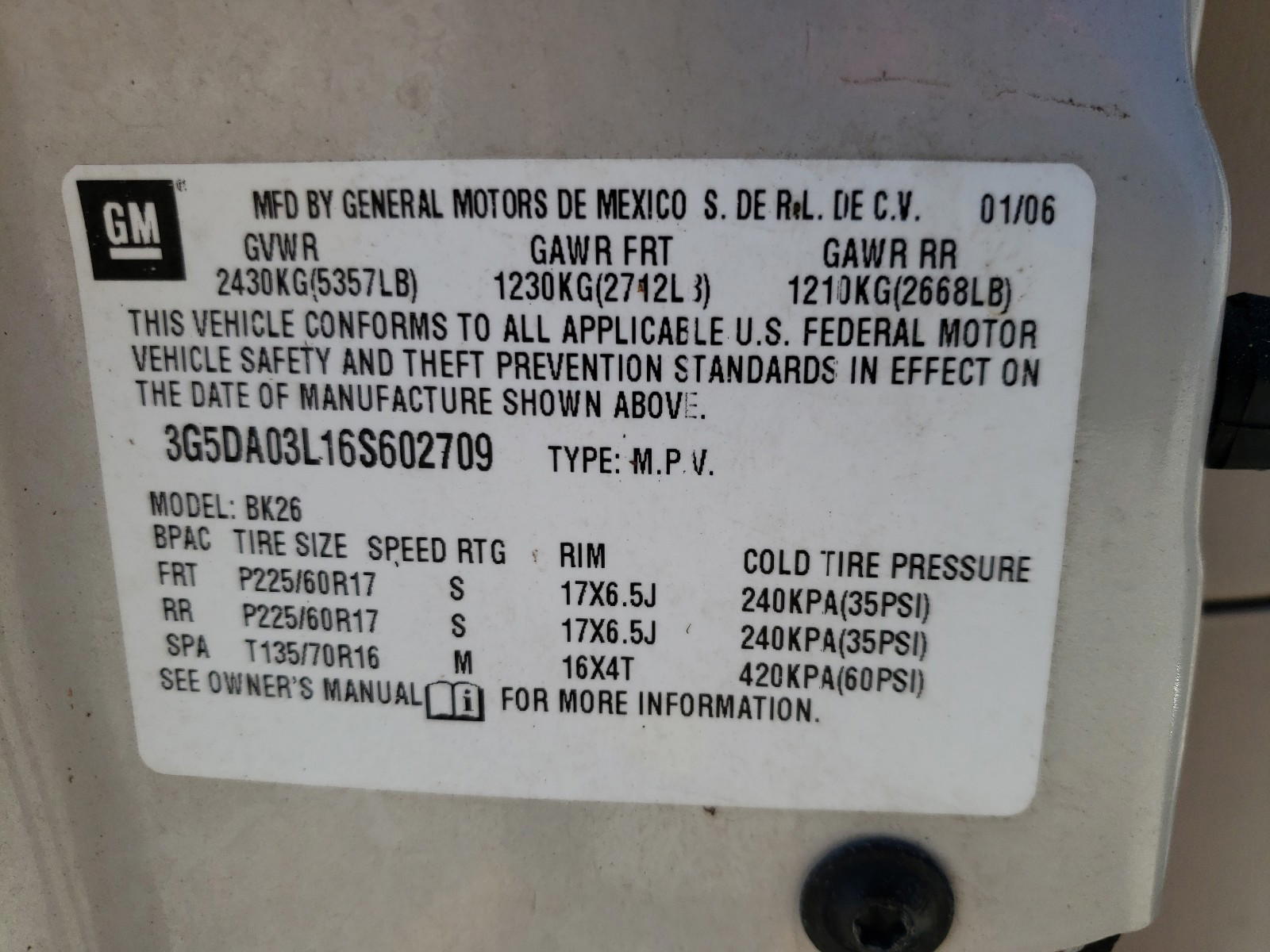 Photo 10 from auction – 2006 BUICK RENDEZVOUS with VIN 3G5DA03L16S602709