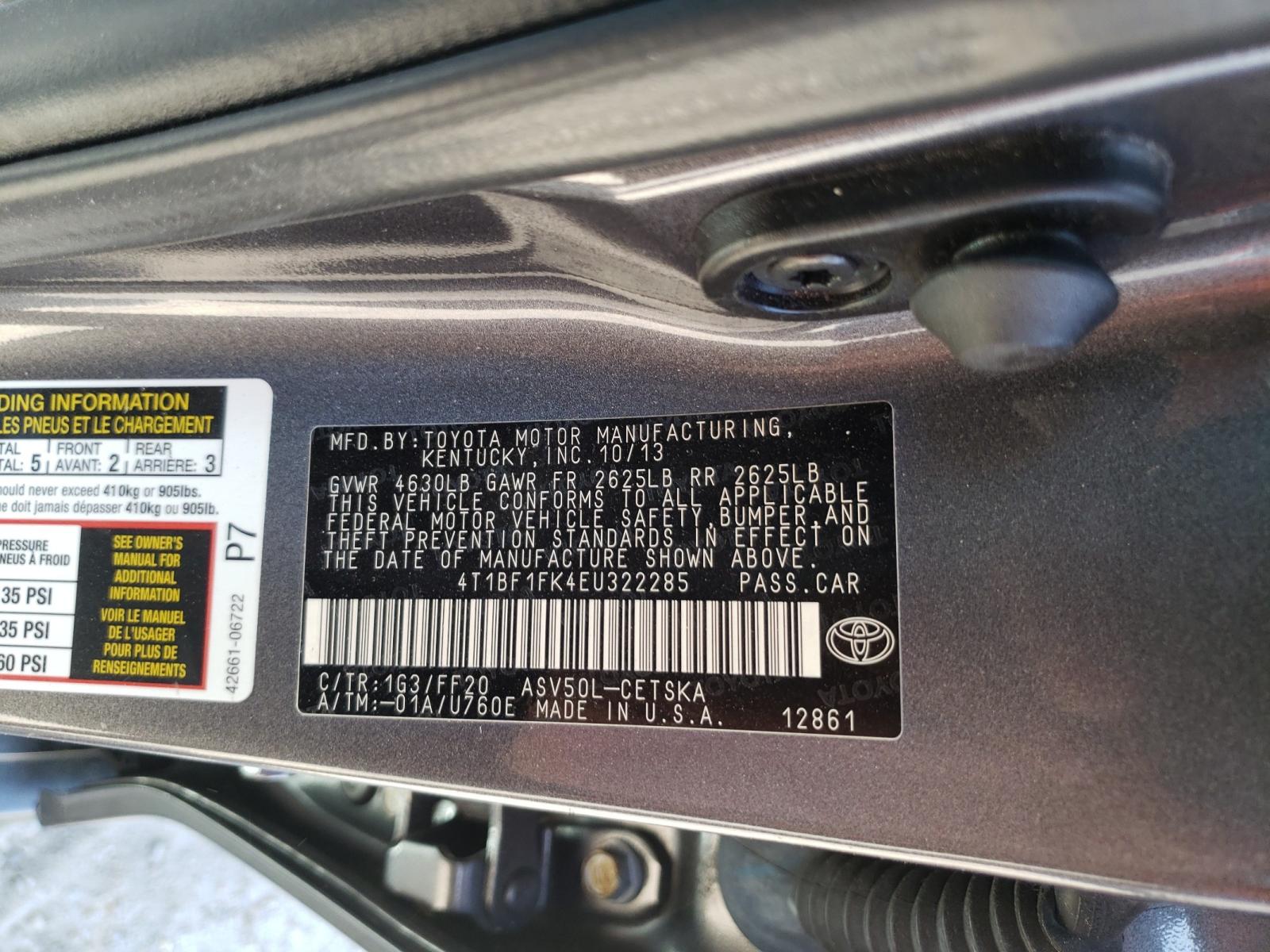 Photo 10 from auction – 2014 TOYOTA CAMRY with VIN 4T1BF1FK4EU322285