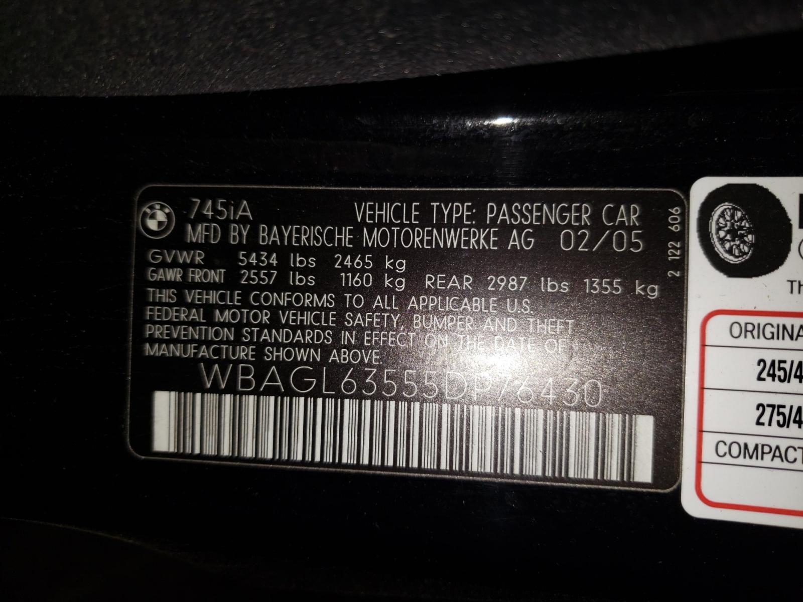 Photo 10 from auction – 2005 BMW 745 I with VIN WBAGL63555DP76430