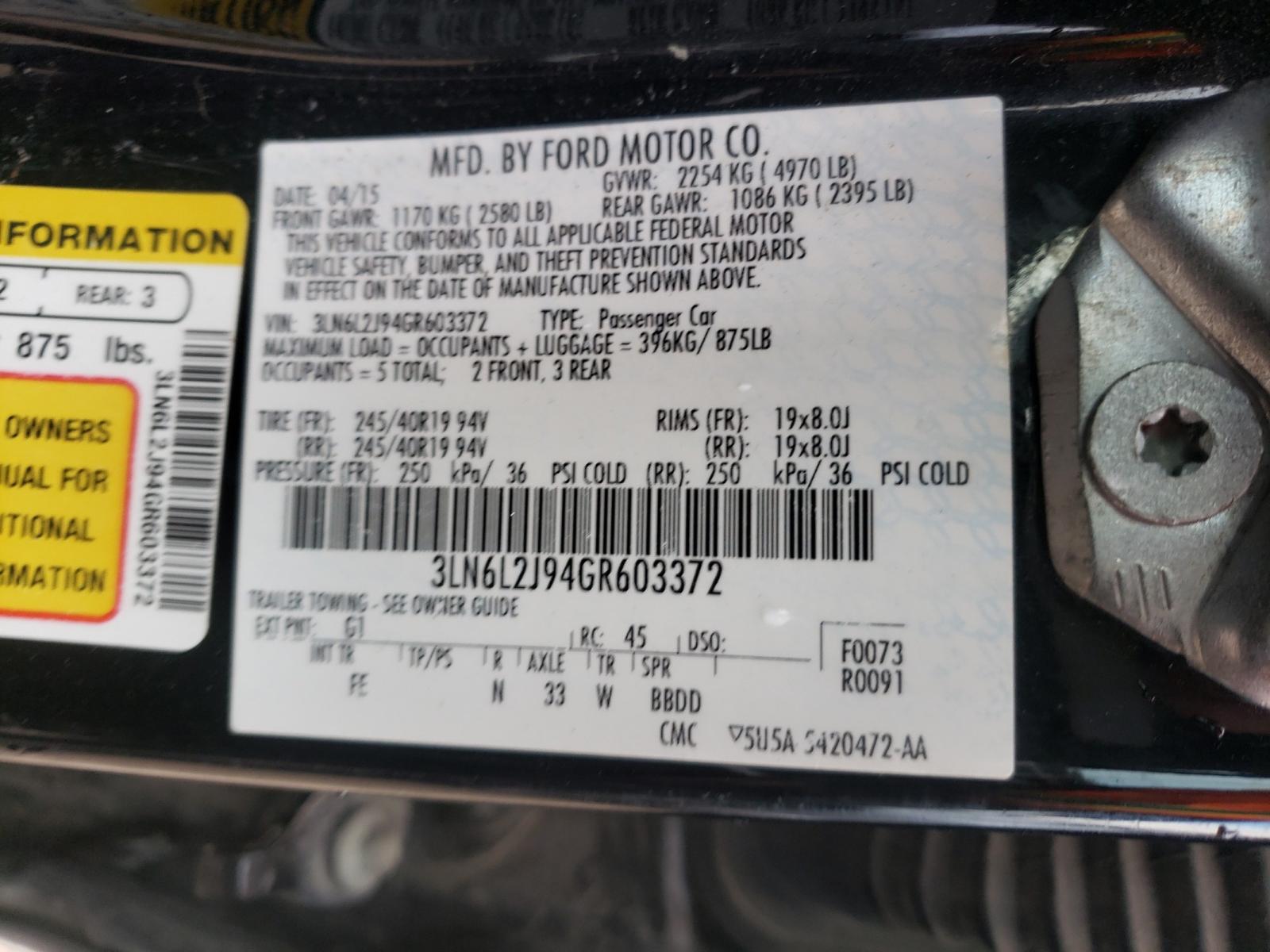 Photo 10 from auction – 2016 LINCOLN MKZ with VIN 3LN6L2J94GR603372