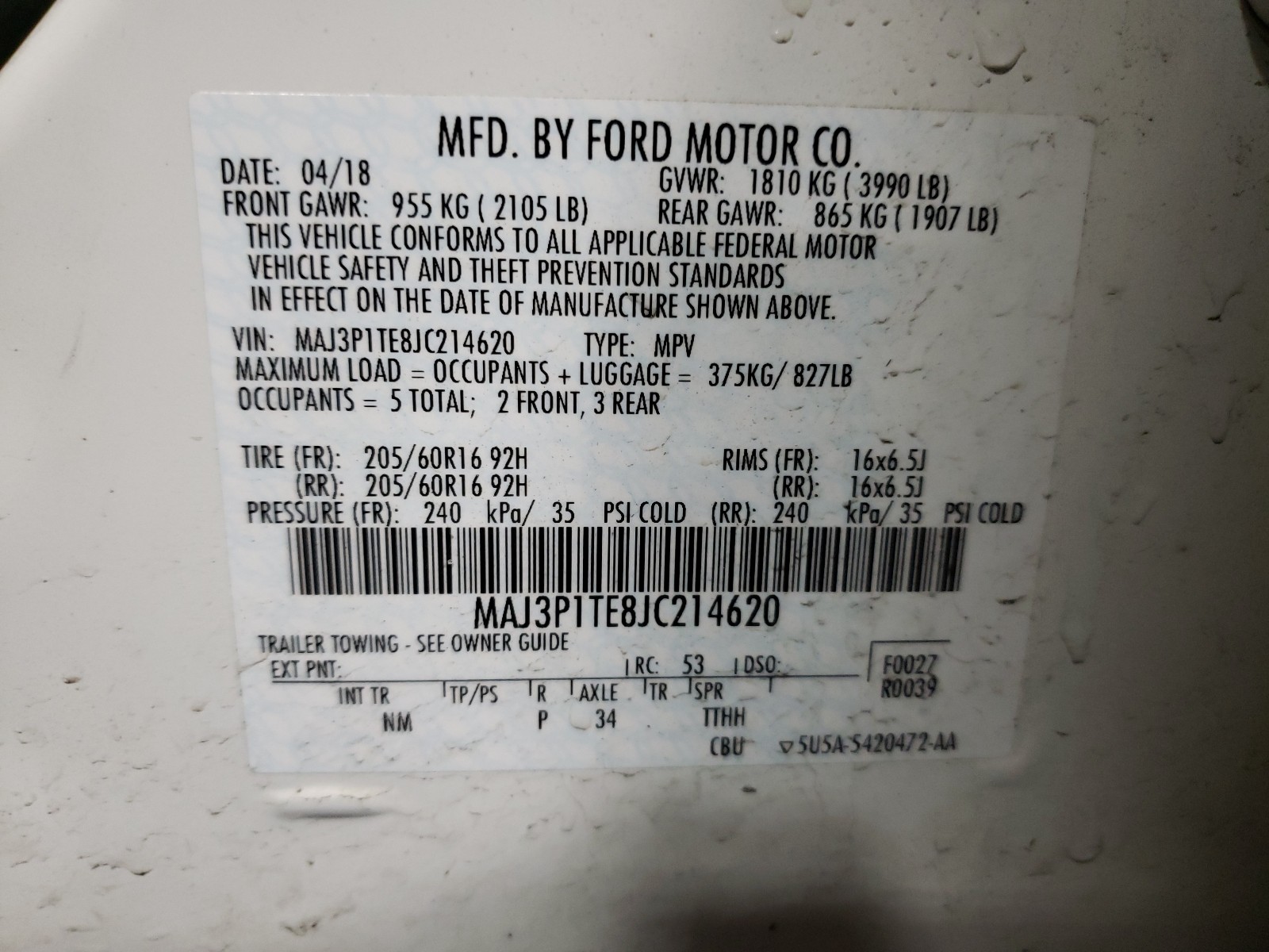 Photo 10 from auction – 2018 FORD ECOSPORT S with VIN MAJ3P1TE8JC214620