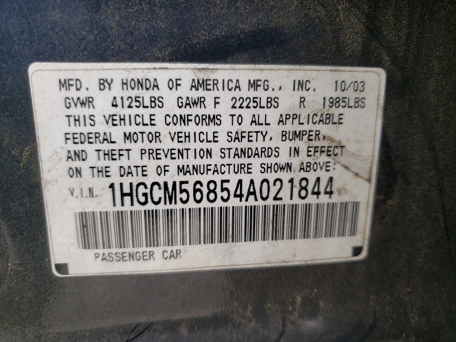 Photo 10 from auction – 2004 HONDA ACCORD EX with VIN 1HGCM56854A021844