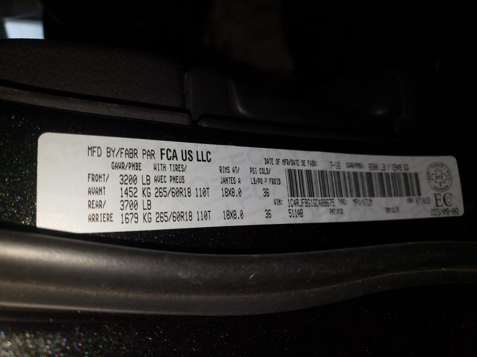 Photo 10 from auction – 2016 JEEP GRAND CHER with VIN 1C4RJFBG1GC488675