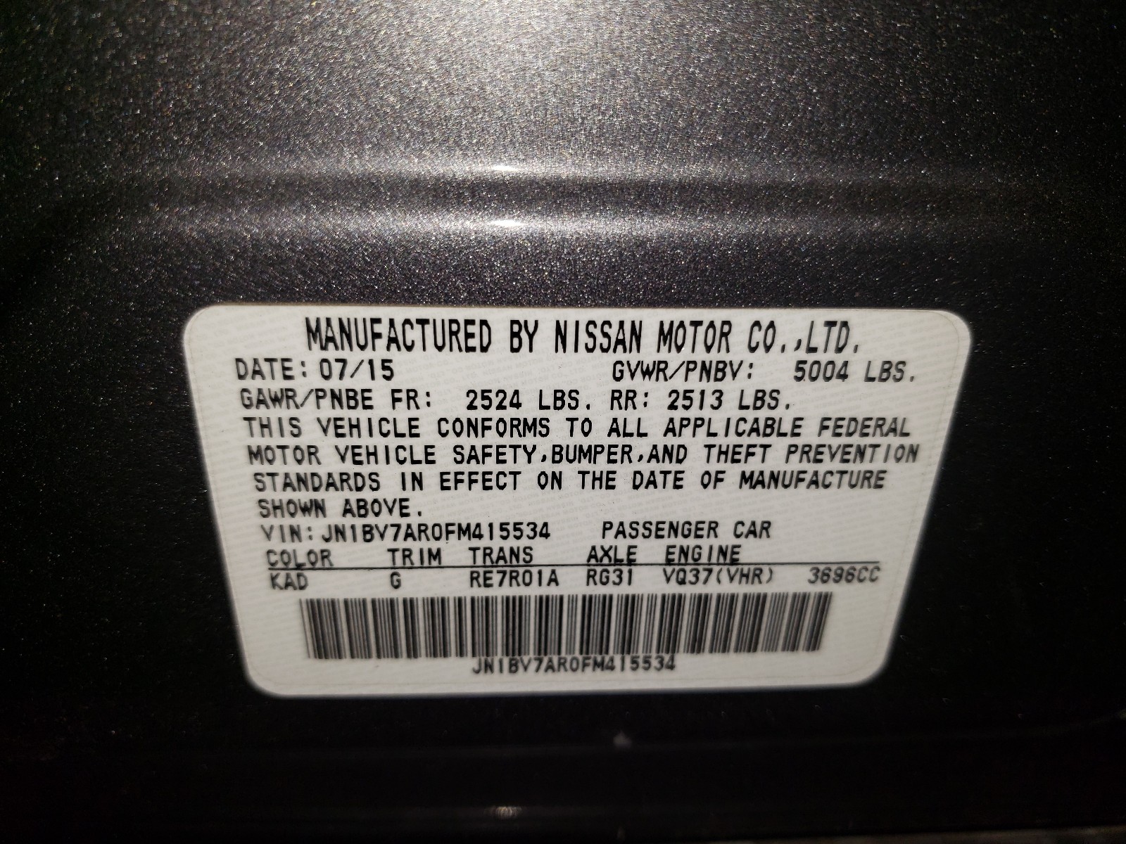 Photo 10 from auction – 2015 INFINITI Q50 BASE with VIN JN1BV7AR0FM415534