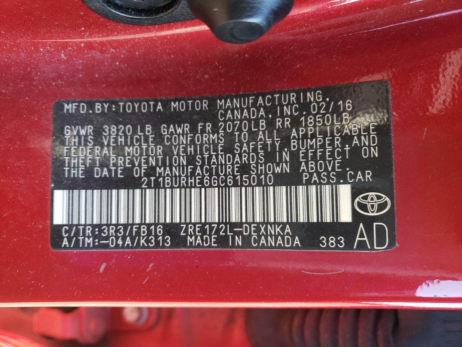 Photo 10 from auction – 2016 TOYOTA COROLLA L with VIN 2T1BURHE6GC615010