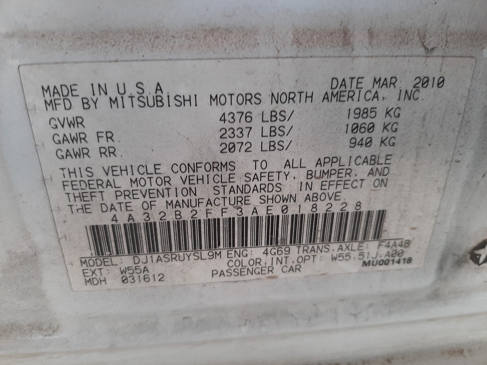 Photo 10 from auction – 2010 MITSUBISHI GALANT FE with VIN 4A32B2FF3AE018228