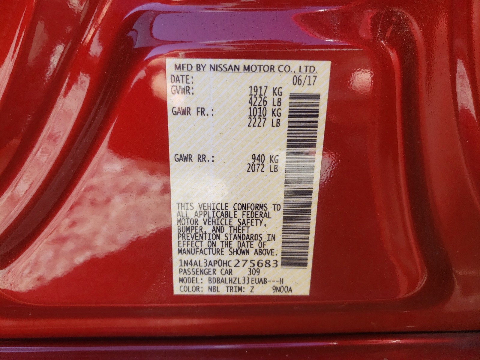 Photo 10 from auction – 2017 NISSAN ALTIMA 2.5 with VIN 1N4AL3AP0HC275683
